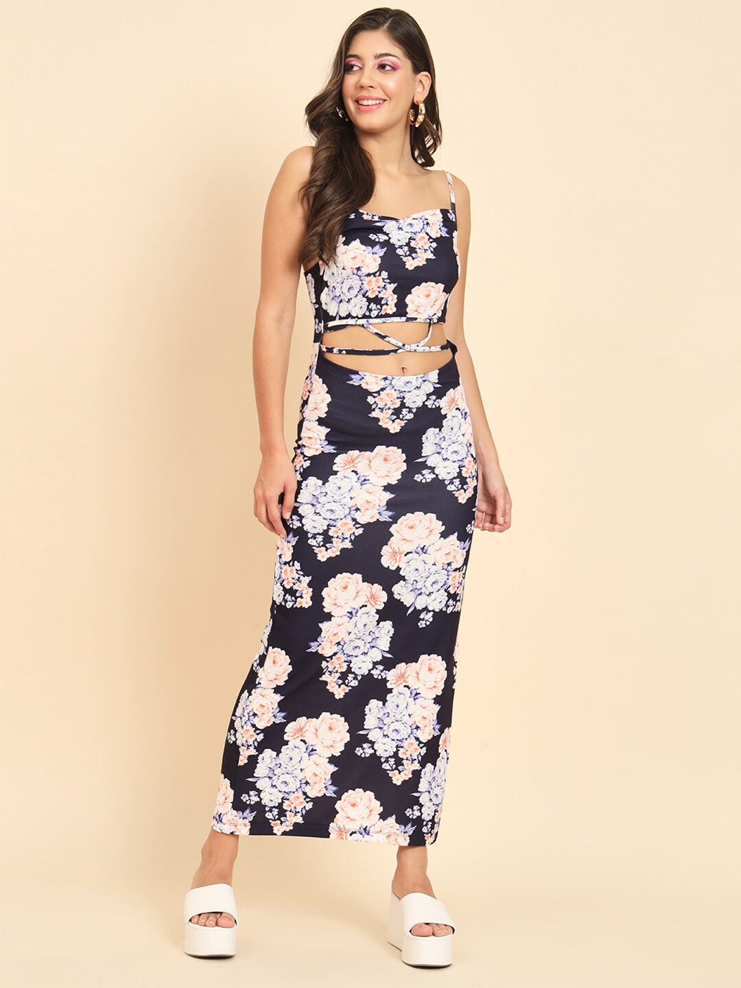 

MAZIE Floral Printed Shoulder Straps Tie-Ups Maxi Dress, Navy blue