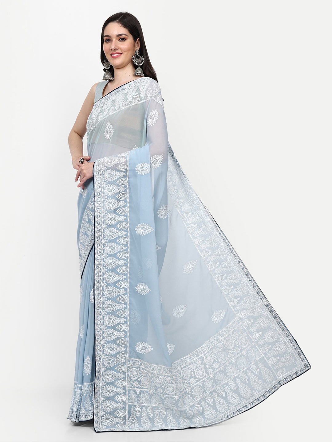 

DWIZA ENTERPRISE Ethnic Motifs Embroidered Pure Georgette Saree, Blue