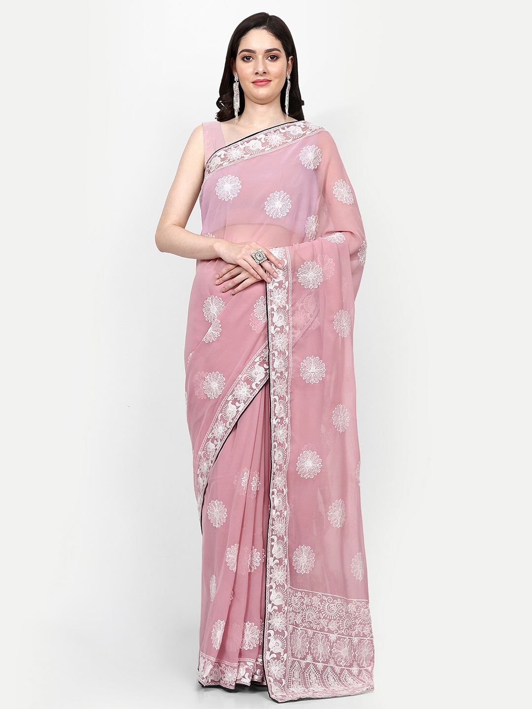 DWIZA ENTERPRISE Floral Embroidered Pure Georgette Saree, Pink