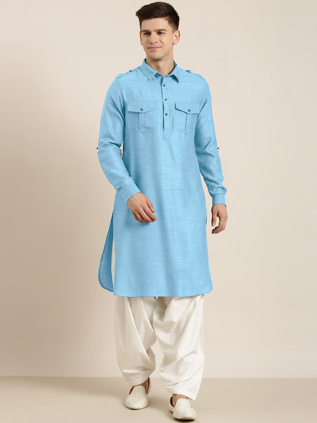 

TheEthnic.Co Shirt Collar Cotton Pathani Kurta, Blue