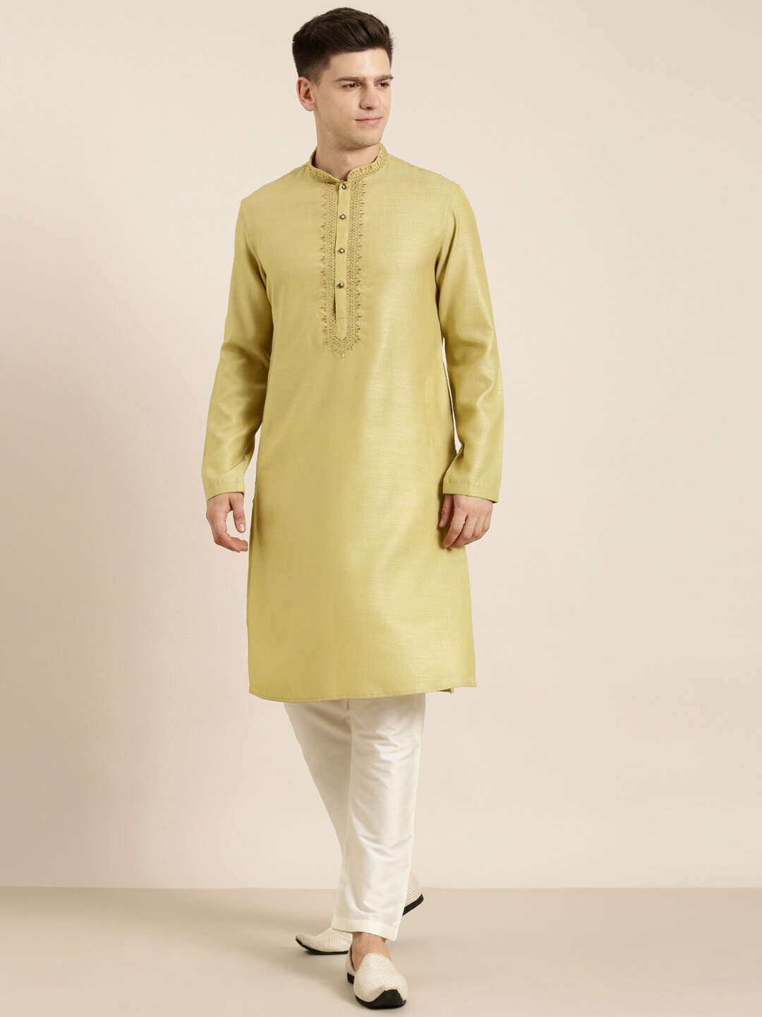 

TheEthnic.Co Mandarin Collar Thread Work Cotton Straight Kurta, Beige