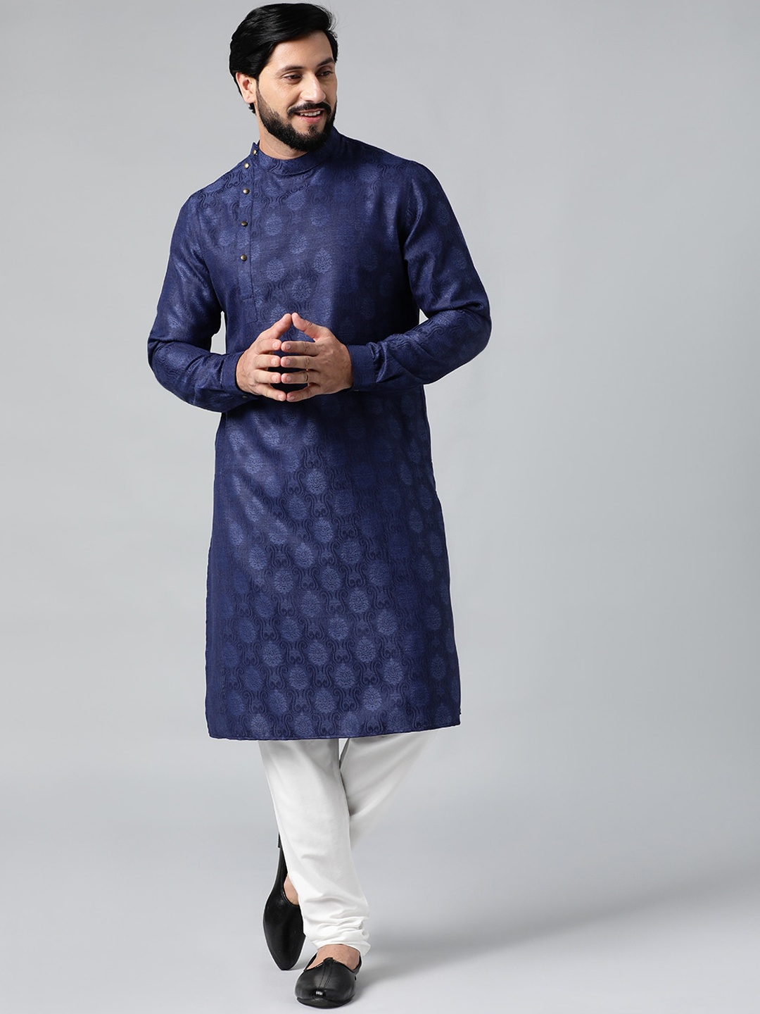 

TheEthnic.Co Woven Design Mandarin Collar Angrakha Indigo Cotton Straight Kurta, Blue