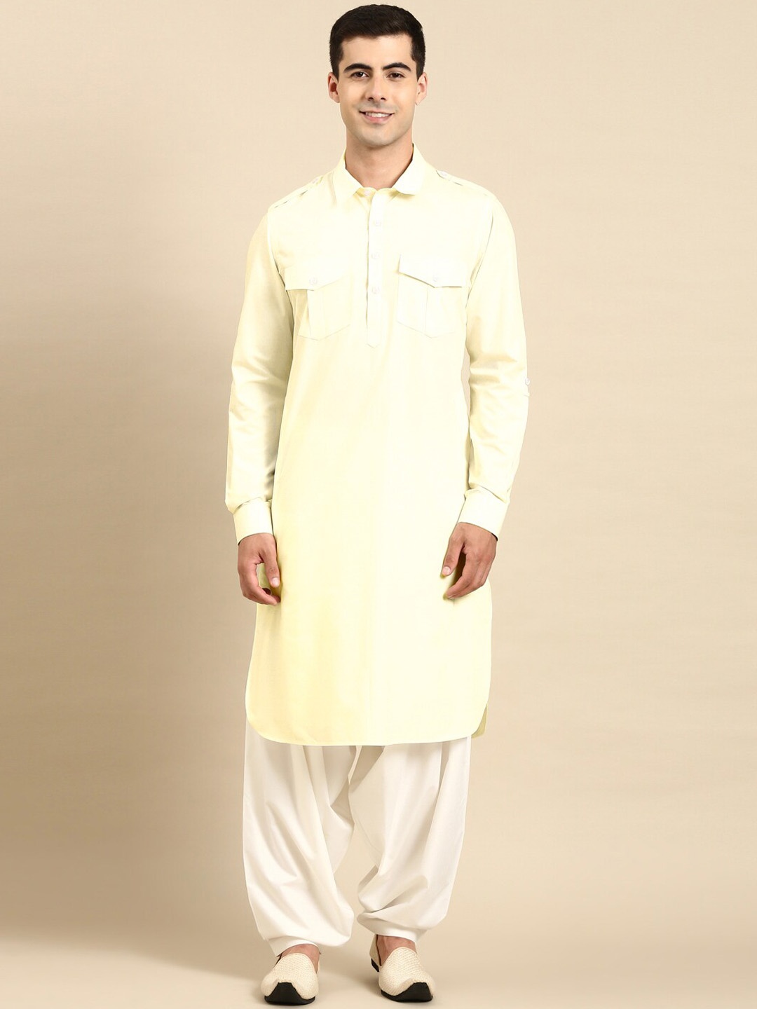 

TheEthnic.Co Shirt Collar Cotton Pathani Kurta, Yellow