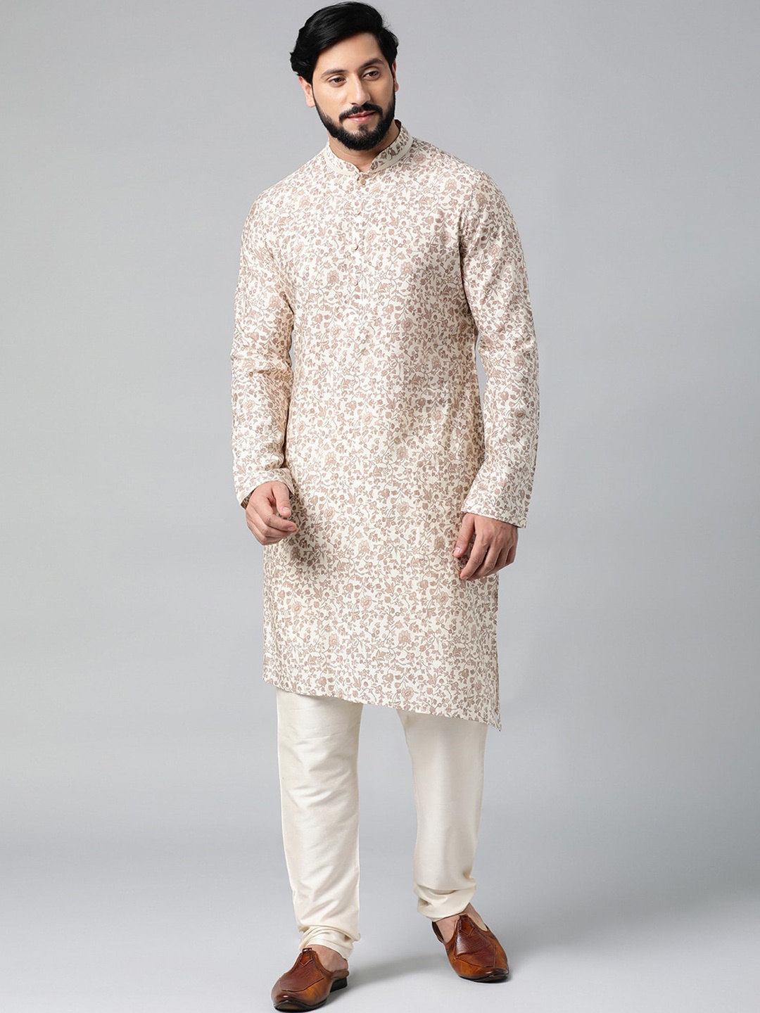 

TheEthnic.Co Floral Printed Mandarin Collar Cotton Regular Kurta, Cream