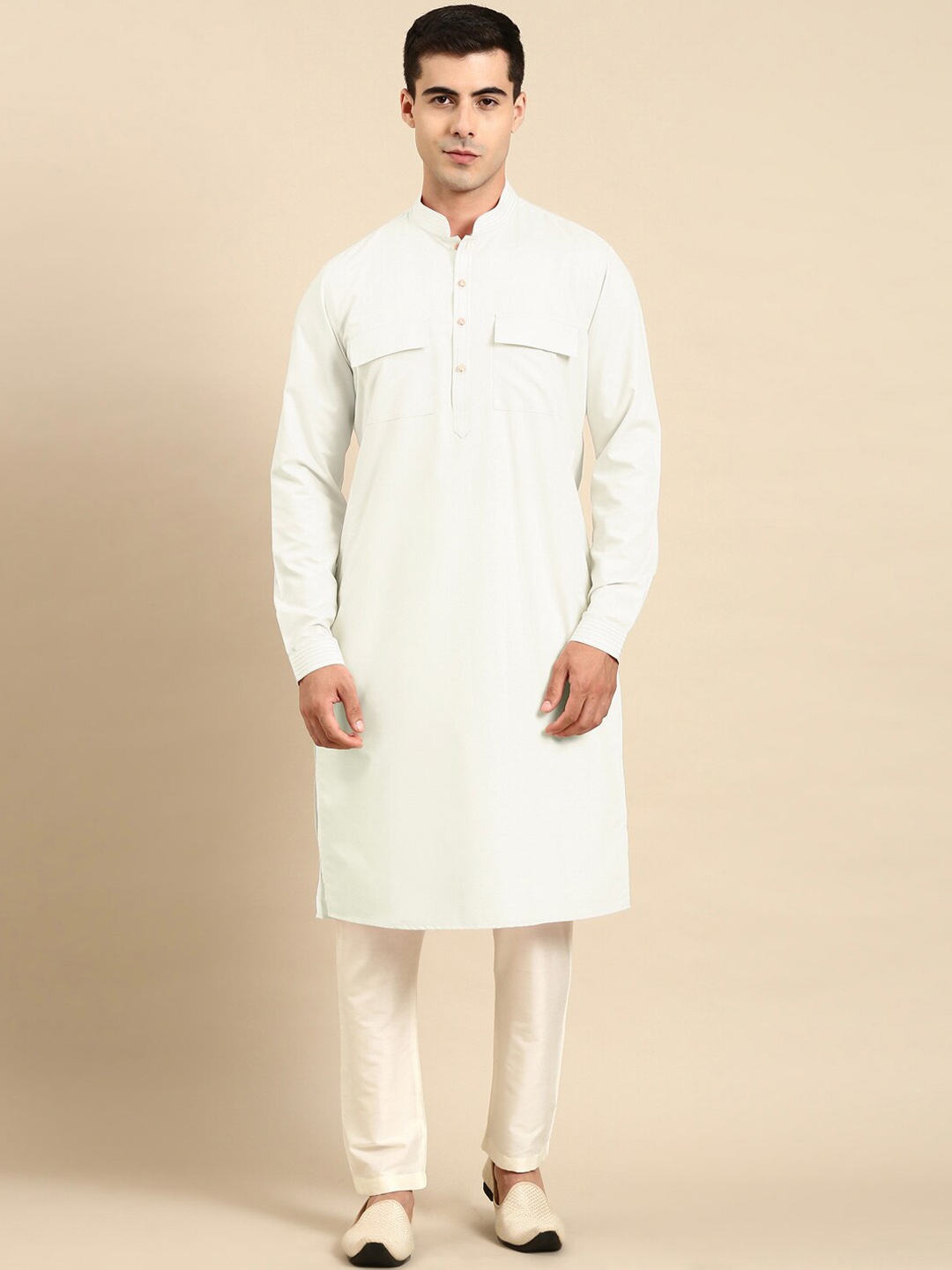 

TheEthnic.Co Mandarin Collar Thread Work Cotton Straight Kurta, Cream