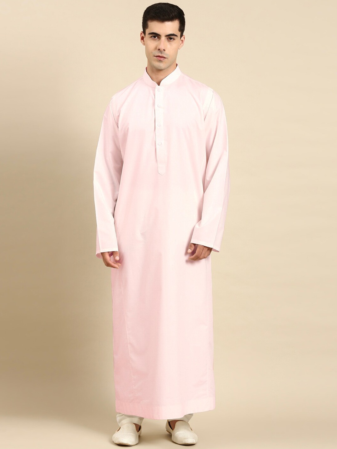 

TheEthnic.Co Mandarin Collar Long Sleeves Cotton Ankle Length Kurta, Pink