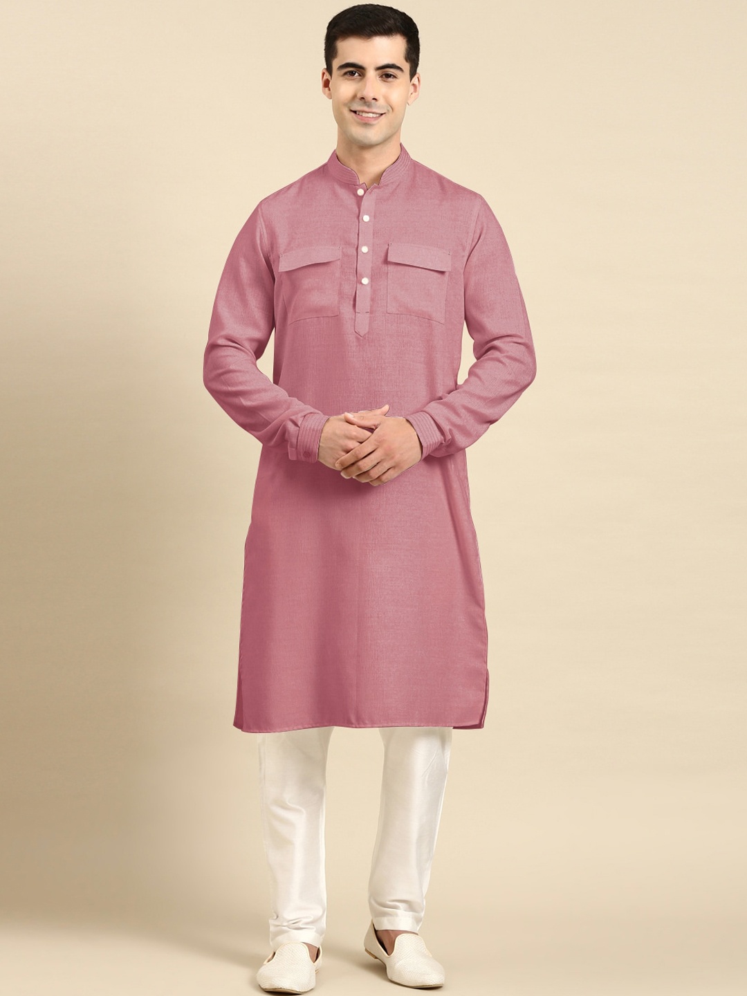 

TheEthnic.Co Thread Work Cotton Pathani Kurta, Pink