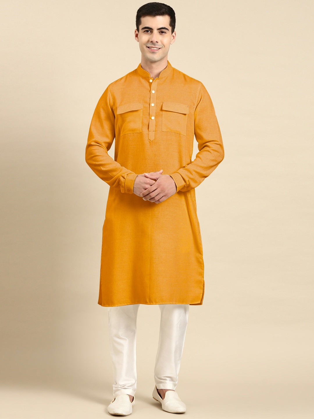 

TheEthnic.Co Mandarin Collar Long Sleeves Cotton Pathani Kurta, Yellow