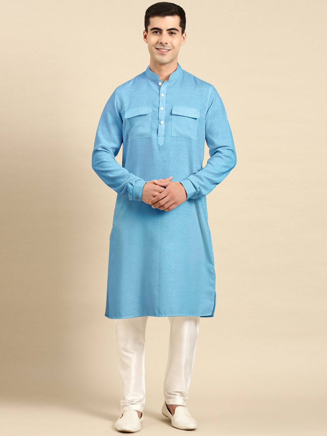 

TheEthnic.Co Mandarin Collar Long Sleeves Cotton Pathani Kurta, Blue