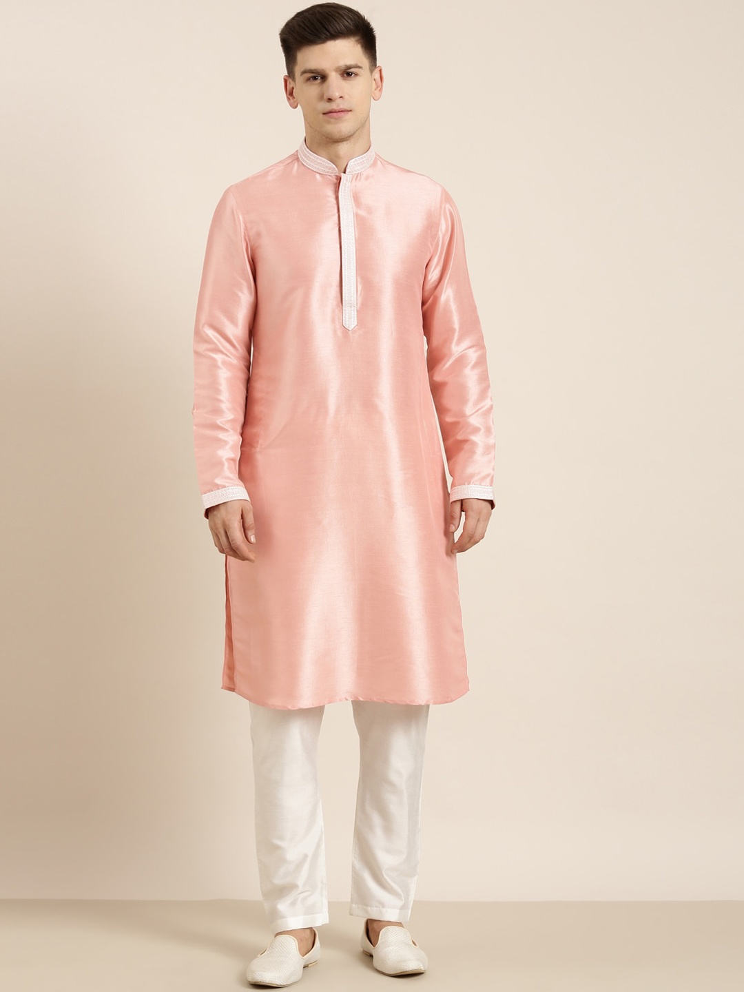 

TheEthnic.Co Mandarin Collar Long Sleeves Thread Work Straight Kurta, Peach
