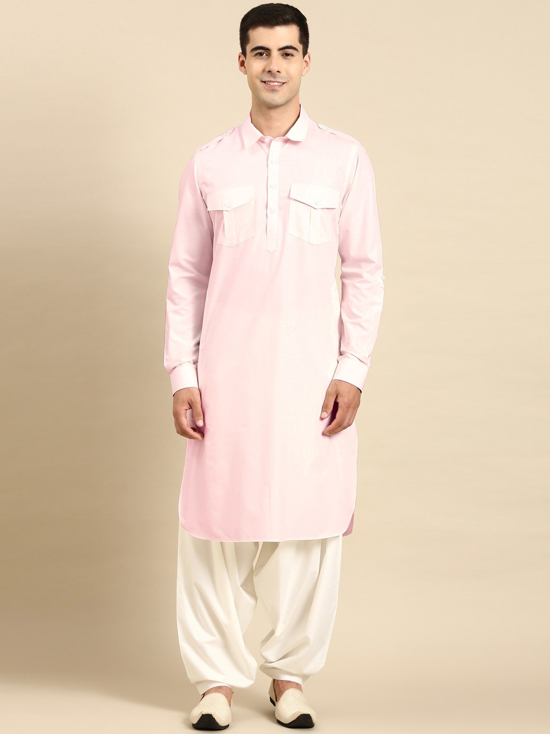 

TheEthnic.Co Shirt Collar Roll Up Sleeves Cotton Pathani Kurta, Pink