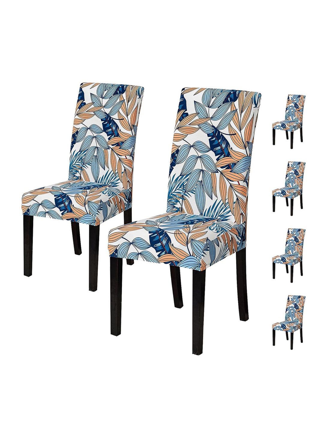 

HOUSE OF QUIRK Blue & Orange 6 Pieces Printed Stretch Removable Chair Covers