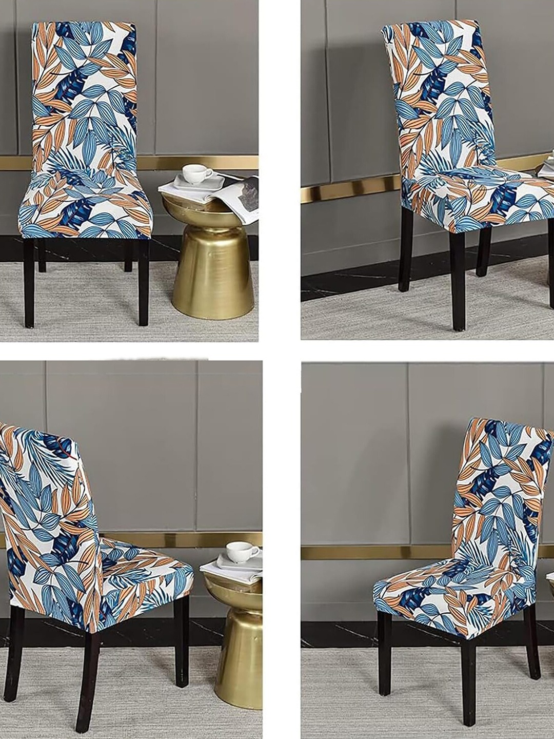 

HOUSE OF QUIRK Blue & Orange 4 Pieces Printed Stretch Removable Chair Covers