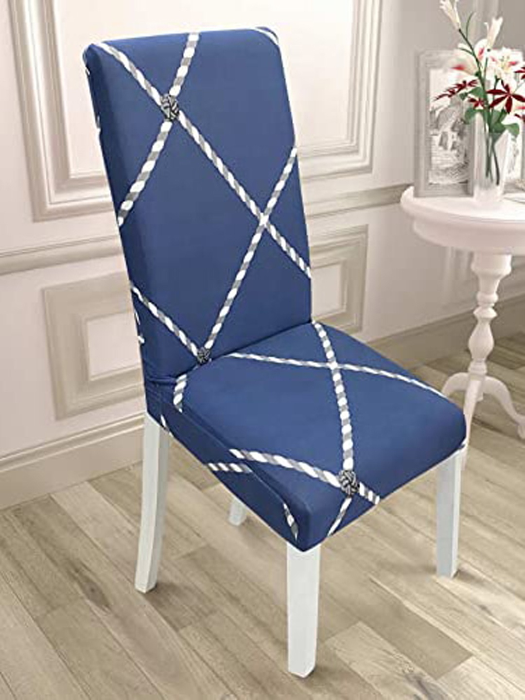 

HOUSE OF QUIRK Blue & White Printed Stretch Removable Chair Cover