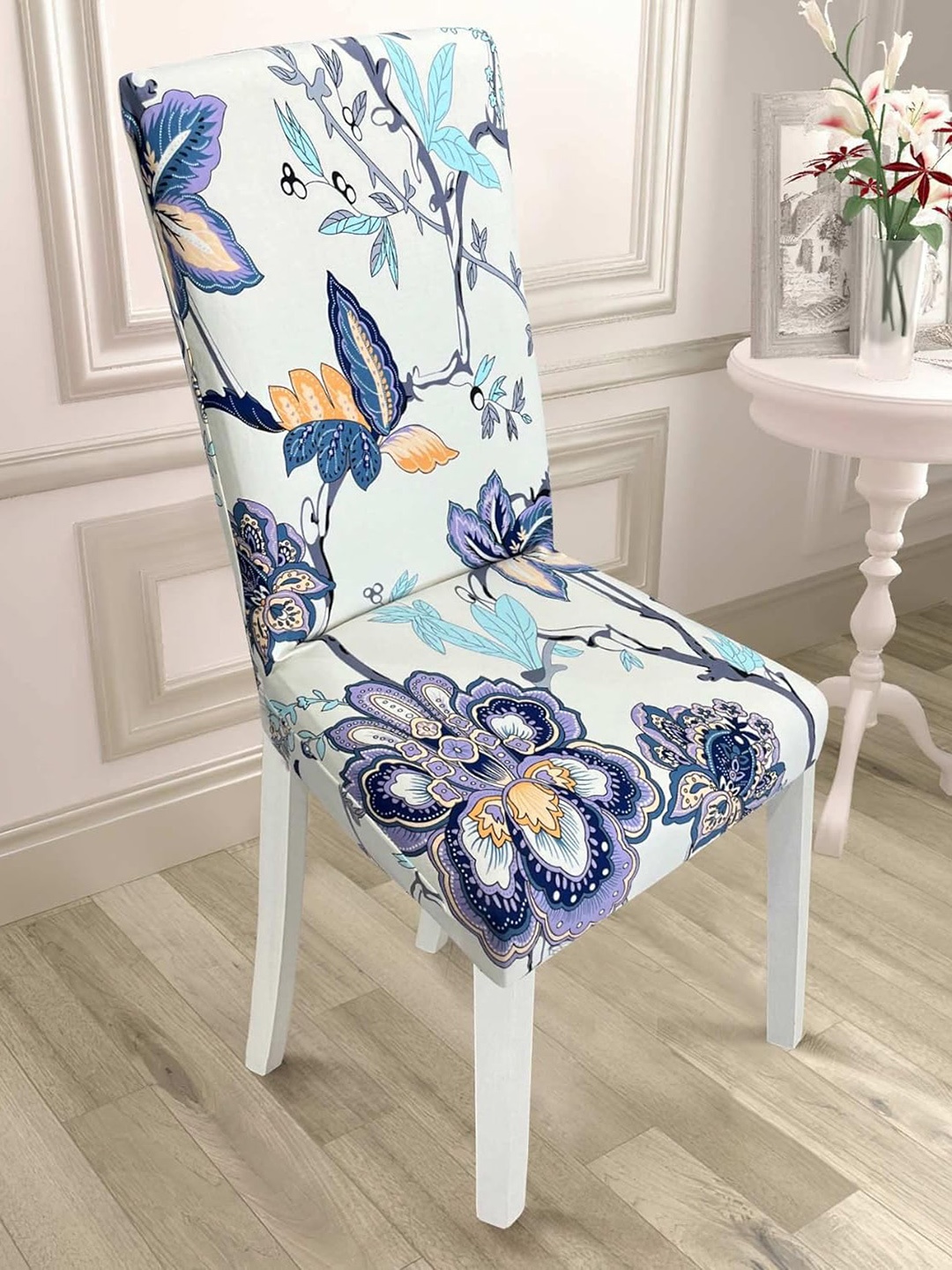 

HOUSE OF QUIRK White & Blue Printed Stretch Removable Chair Cover
