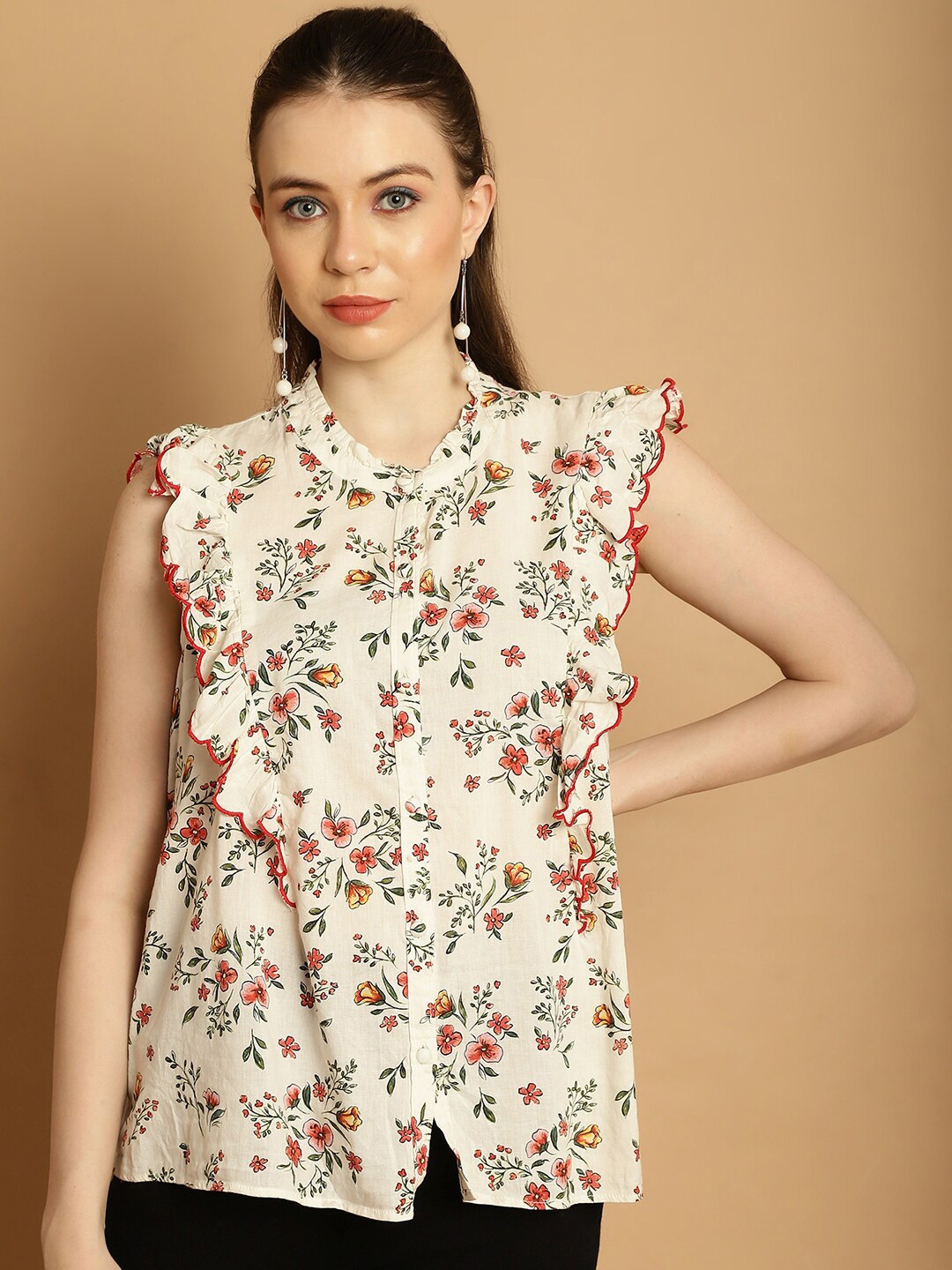 

NoBarr Floral Printed Band Collar Cotton Regular Top, White