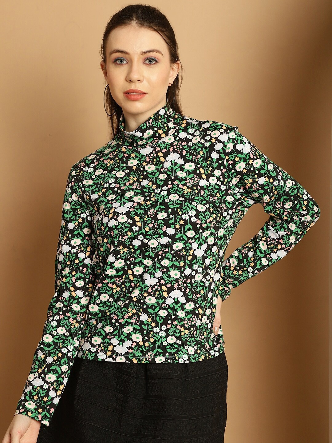 

NoBarr Floral Printed High Neck Regular Top, Black