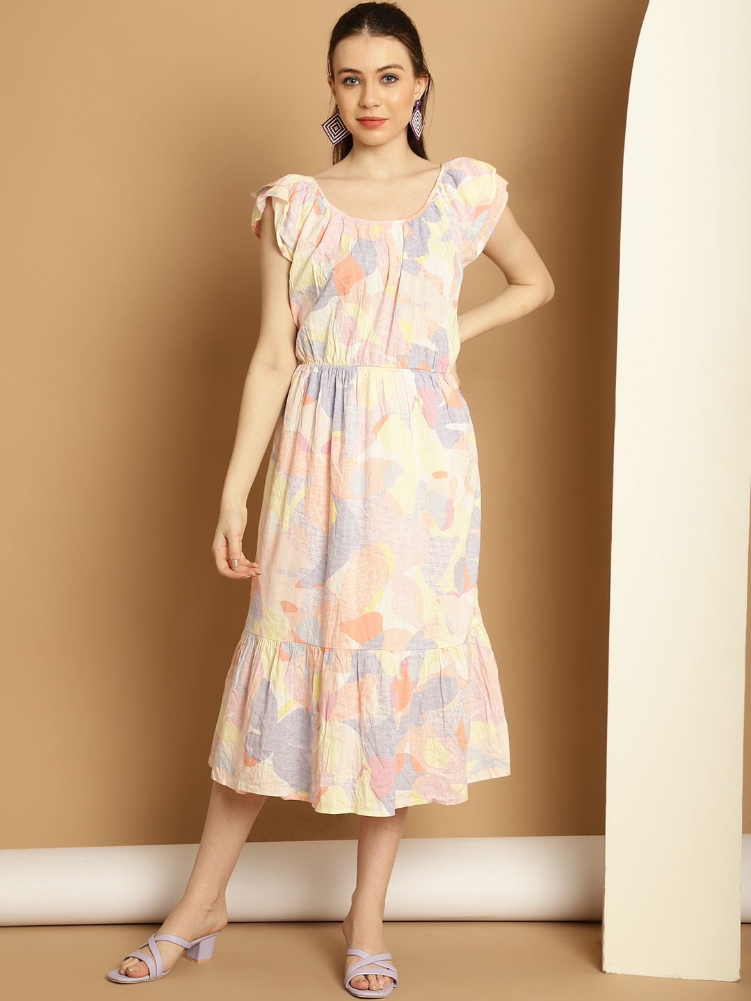 

NoBarr Round Neck Floral Print Short Extend Sleeves A-Line Midi Dress, Beige