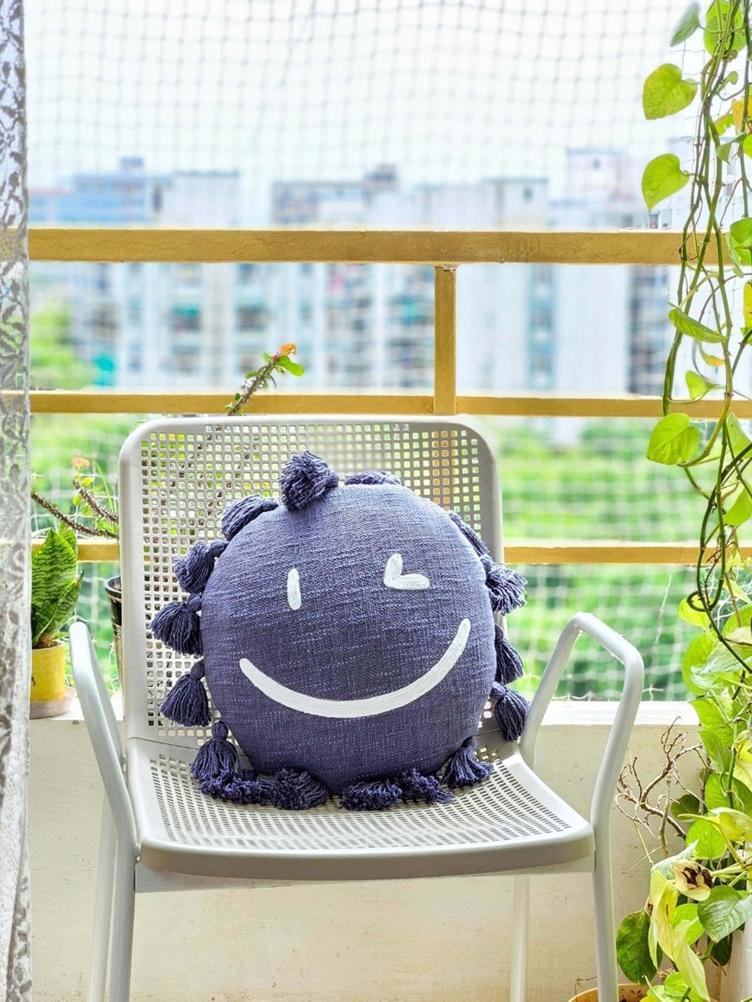 

HYPPY Blue Self Design Embellished Pure Cotton Round Cushion Cover