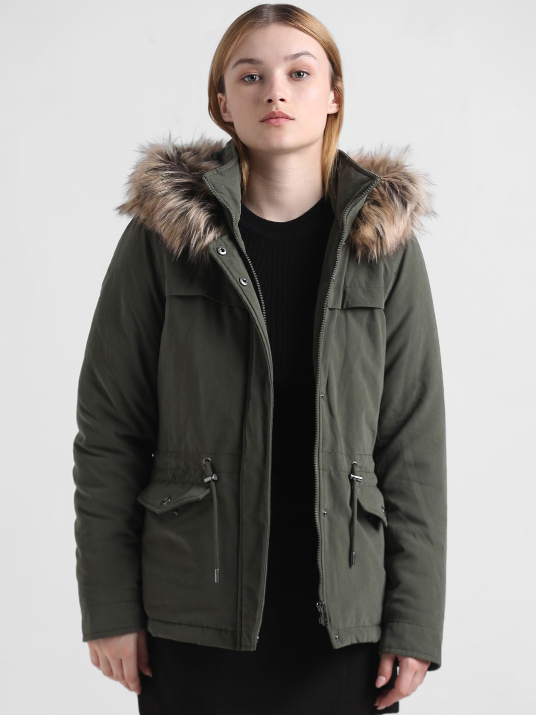 

ONLY Faux Fur Trim Hooded Parka Jacket, Olive