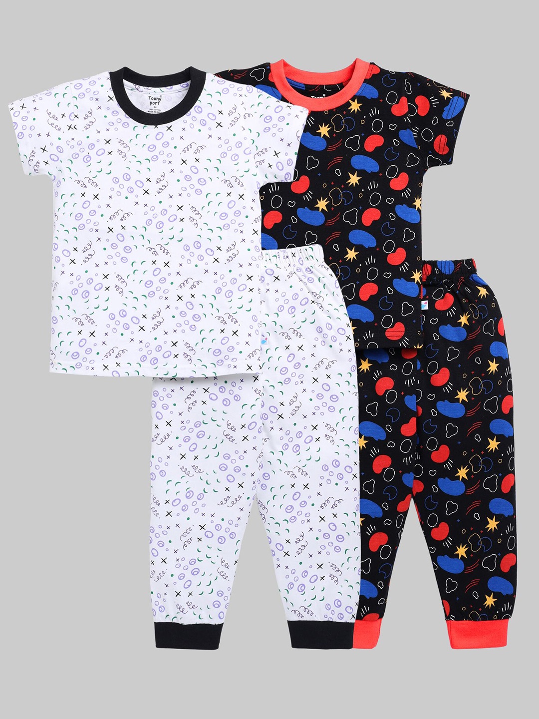 

Toonyport Kids Pack of 2 Printed Pure Cotton T-Shirt & Pyjamas, White