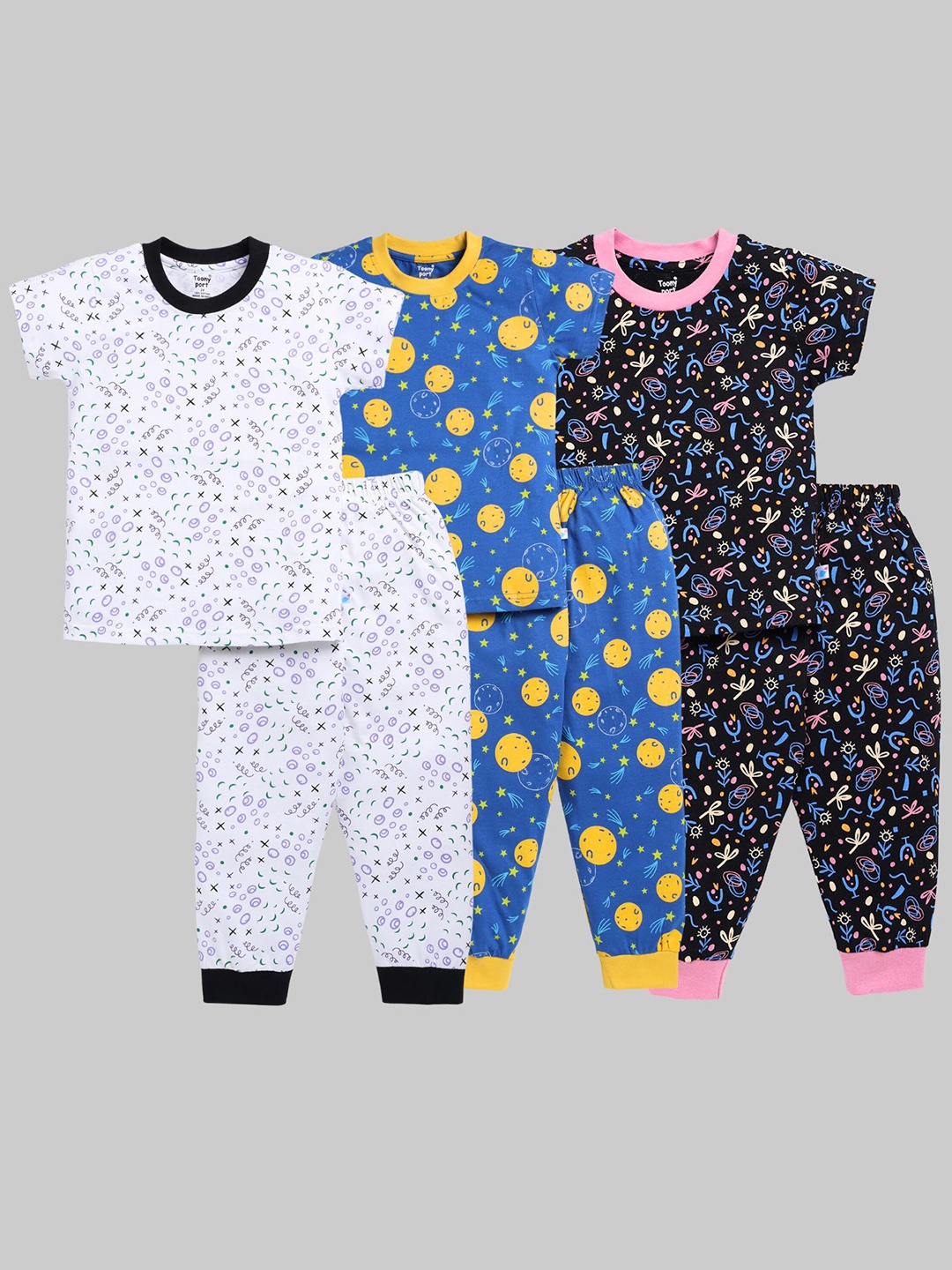 

Toonyport Kids Pack Of 3 Conversational Printed Pure Cotton Night Suits, White