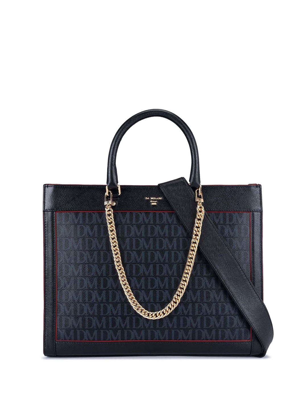 

Da Milano Typography Printed Leather Structured Handheld Bag, Black