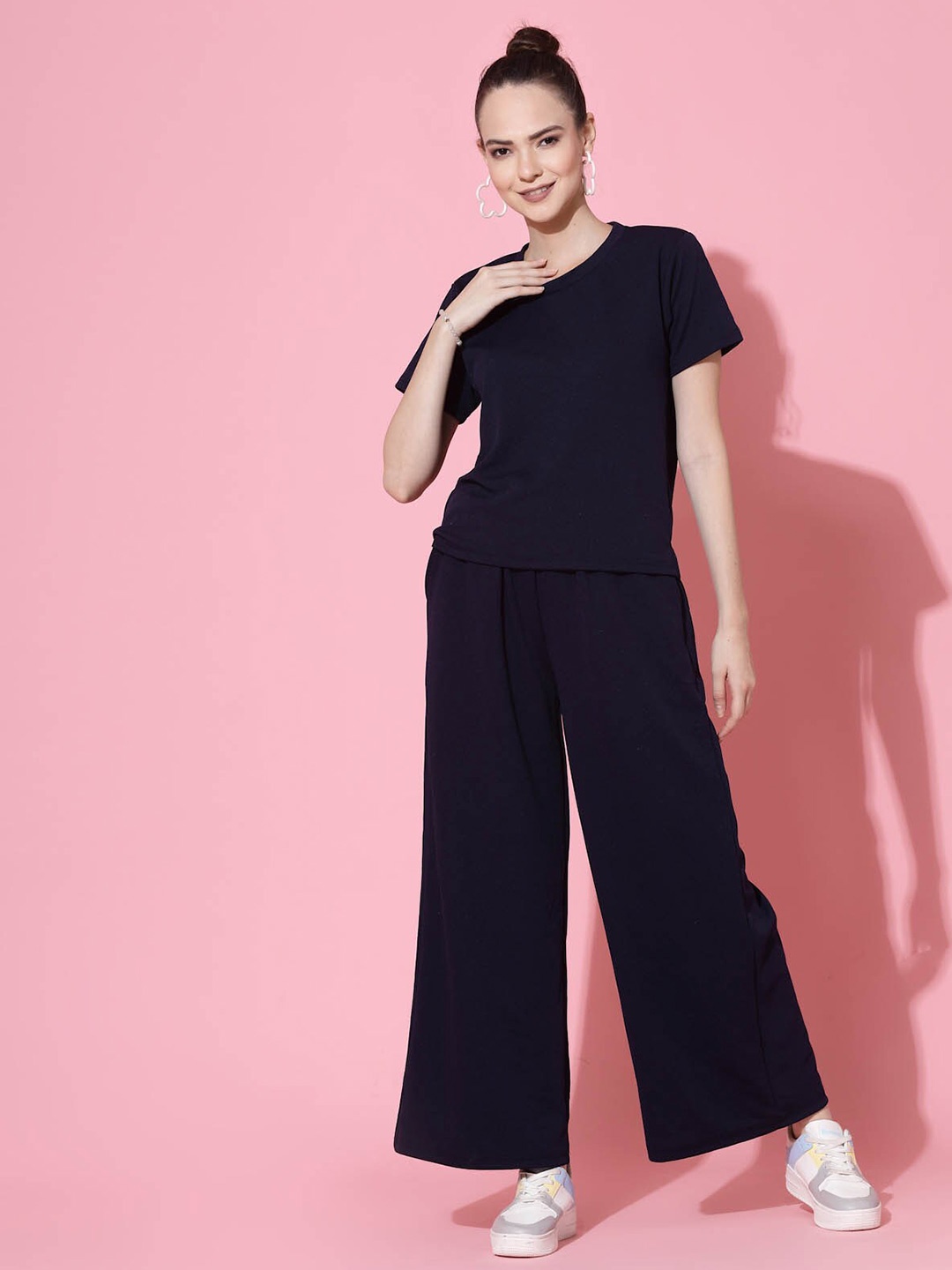 

Oomph! Solid Round Neck T-shirt And Trousers Co-Ords, Blue