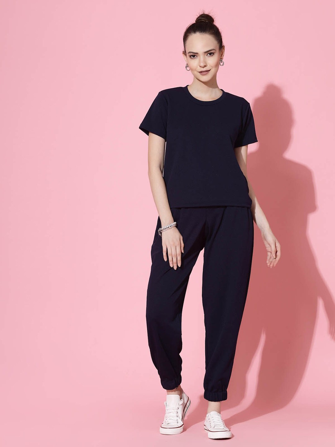 

Oomph! Women Solid Round Neck T-shirt And Joggers Co-Ords Set, Navy blue