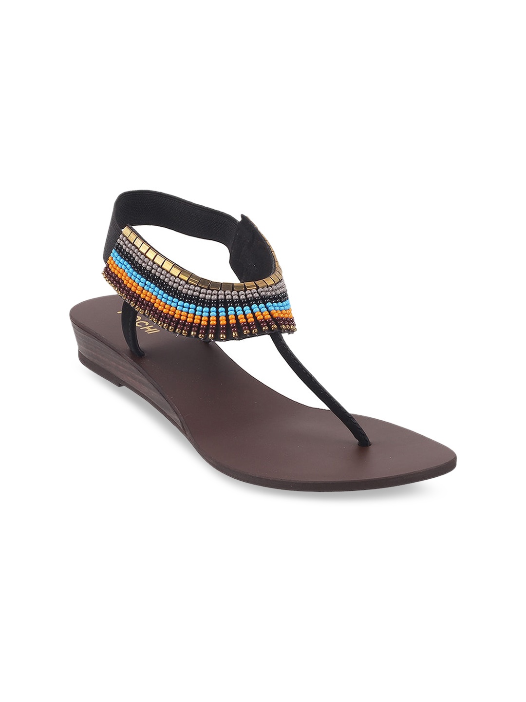 

Mochi Embellished T- Strap Wedges With Backstrap, Black