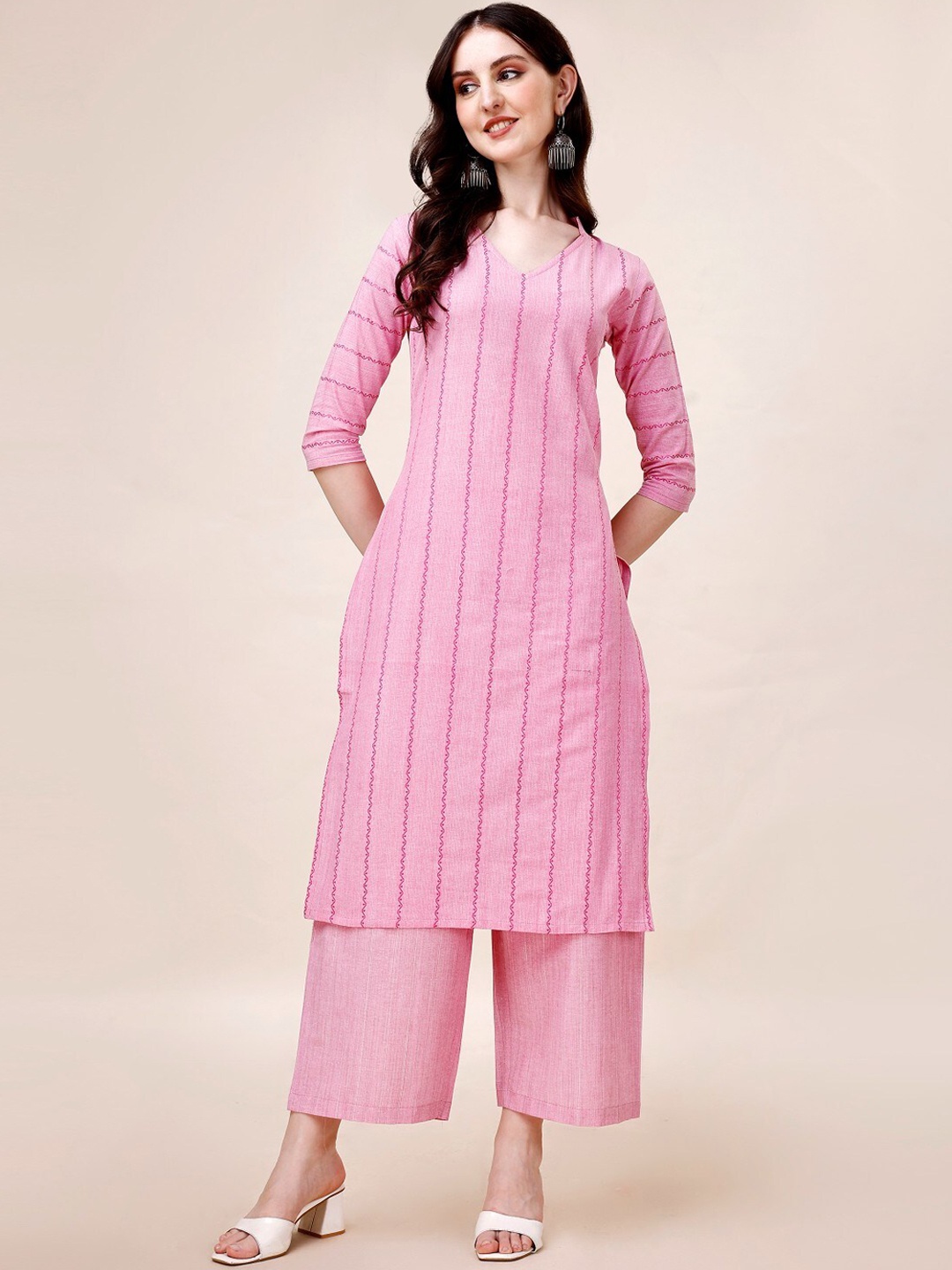 

Anouk Ethnic Motifs Printed Regular Pure Cotton Kurta With Palazzos, Pink