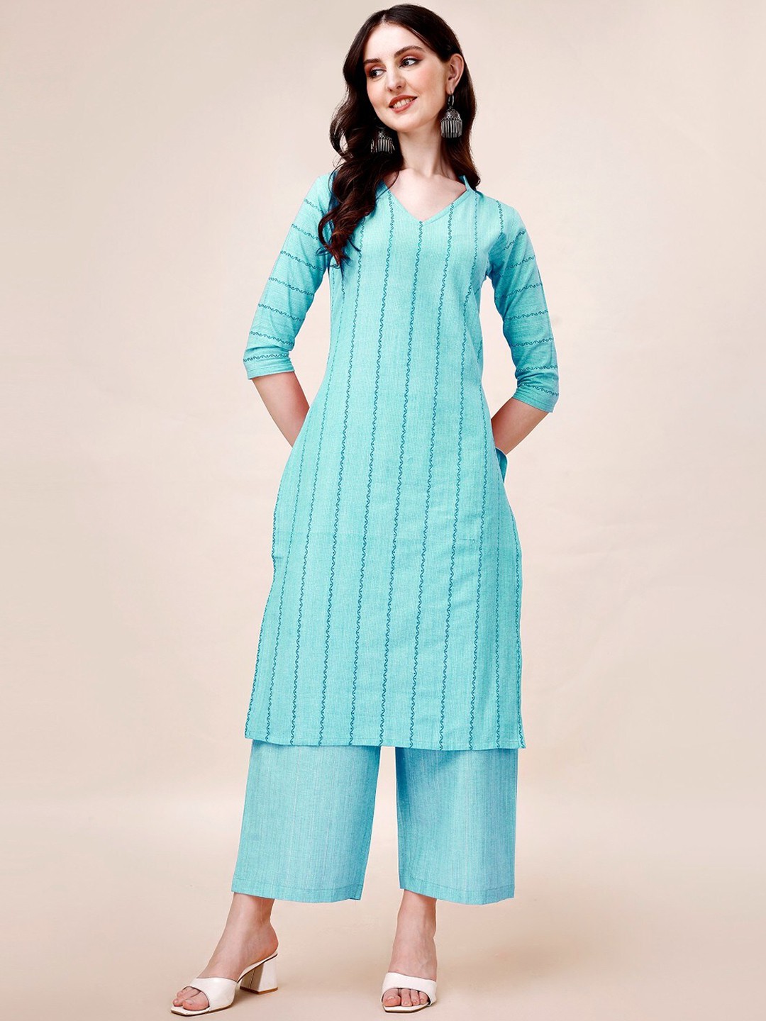 

Anouk Turquoise Blue Ethnic Motifs Printed Pure Cotton Kurta with Palazzos