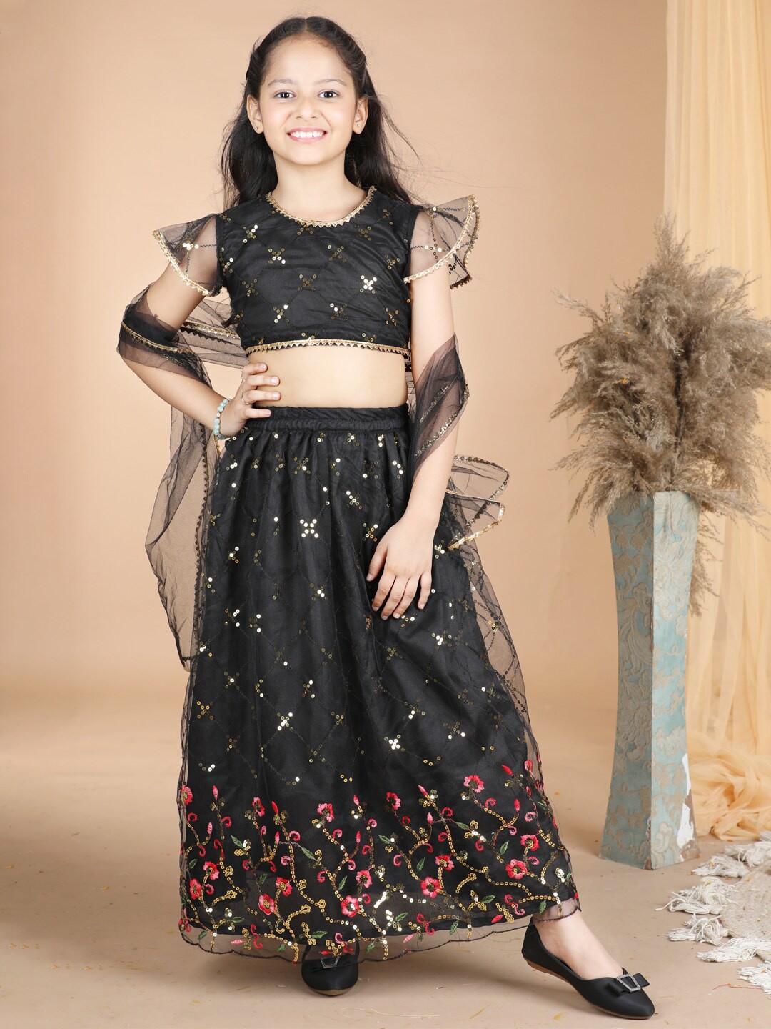 

Cutiekins Girls Embroidered Sequined Ready to Wear Lehenga & Blouse With Dupatta, Black