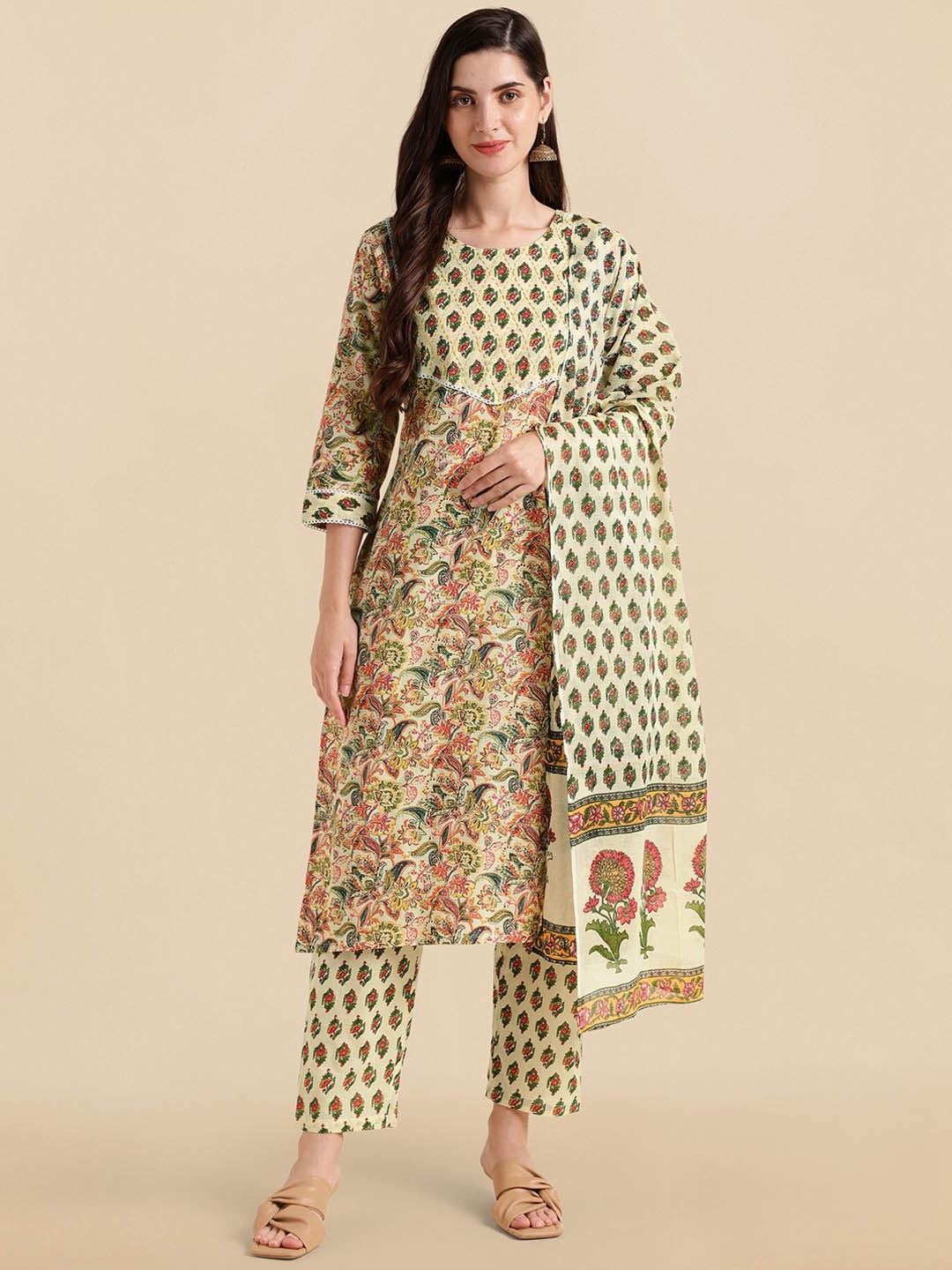 

KALINI Floral Printed Regular Pure Cotton Kurta With Trousers & With Dupatta, Yellow