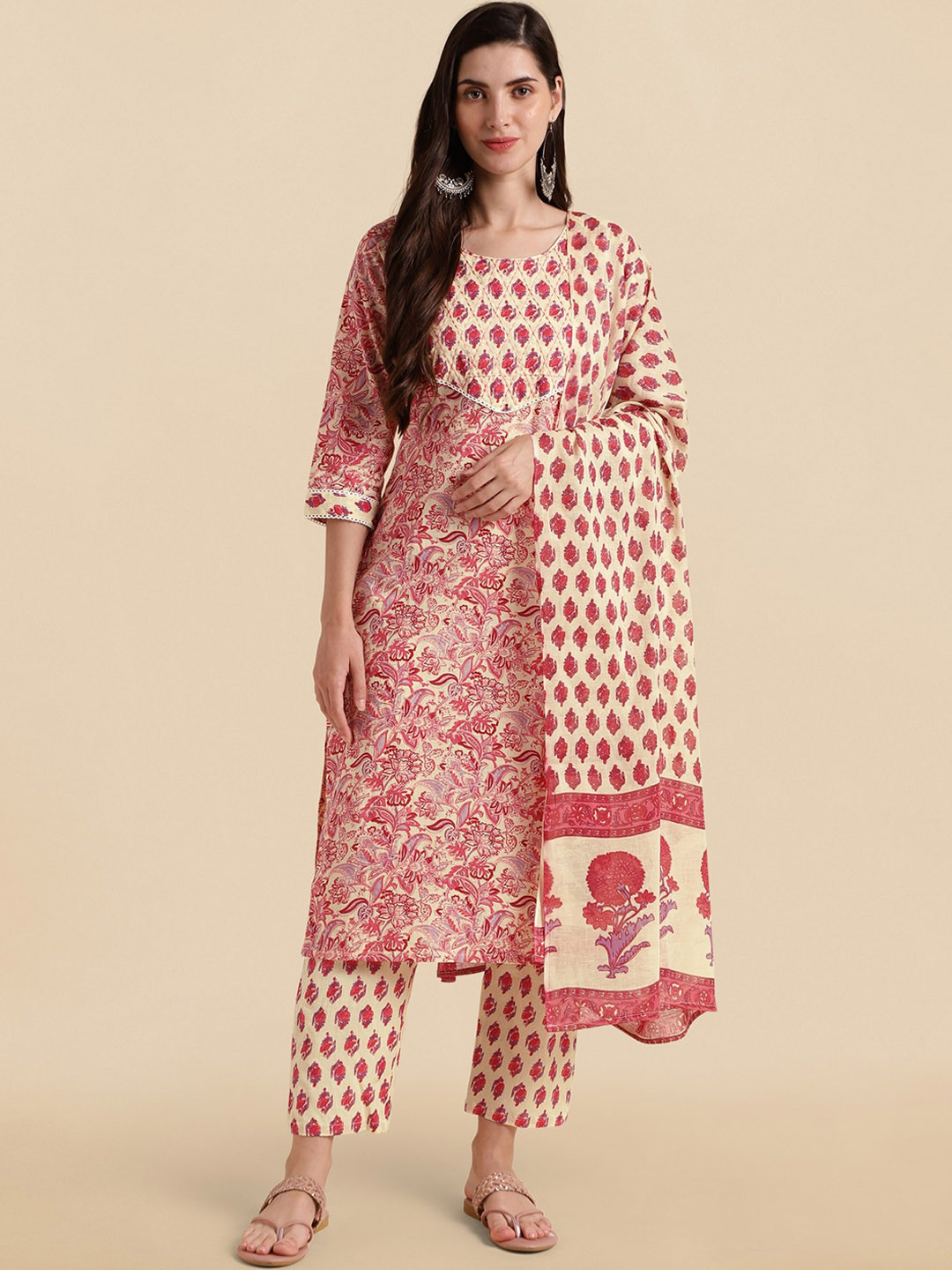 

KALINI Floral Printed Pure Cotton Kurta & Trousers With Dupatta, Cream