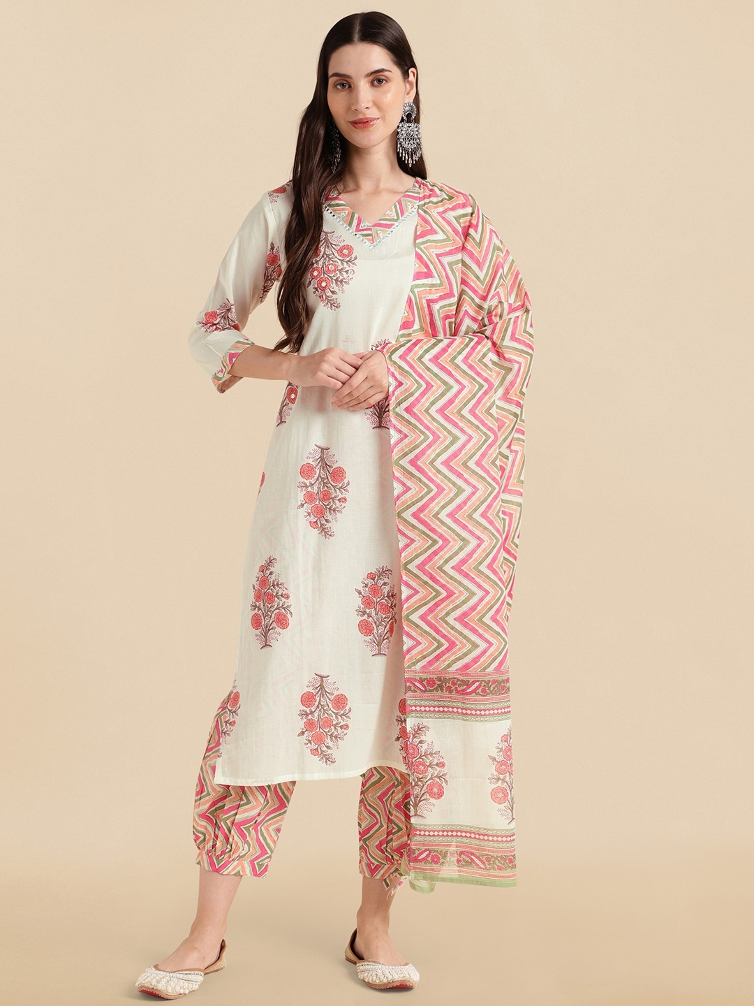 

KALINI Floral Printed Regular Pure Cotton Kurta with Salwar & Dupatta, Off white