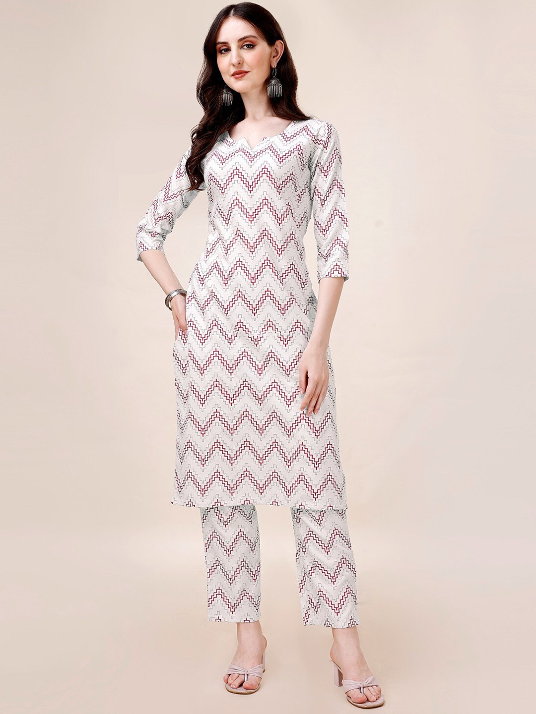 

Anouk White & Red Chevron Printed Pure Cotton Kurta with Palazzos