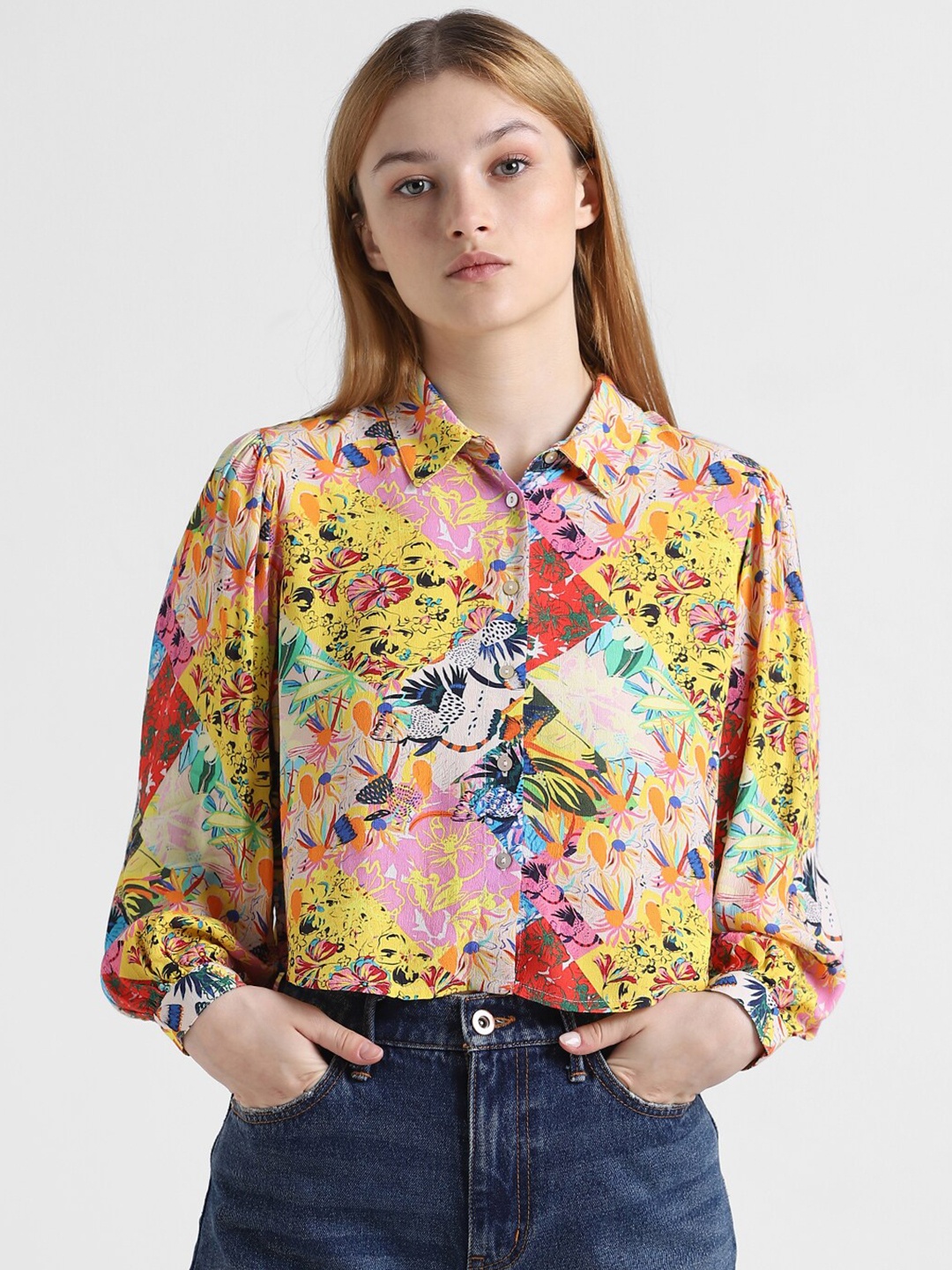 

ONLY Onlvision LS Floral Printed Spread Collar Casual Shirt, Yellow