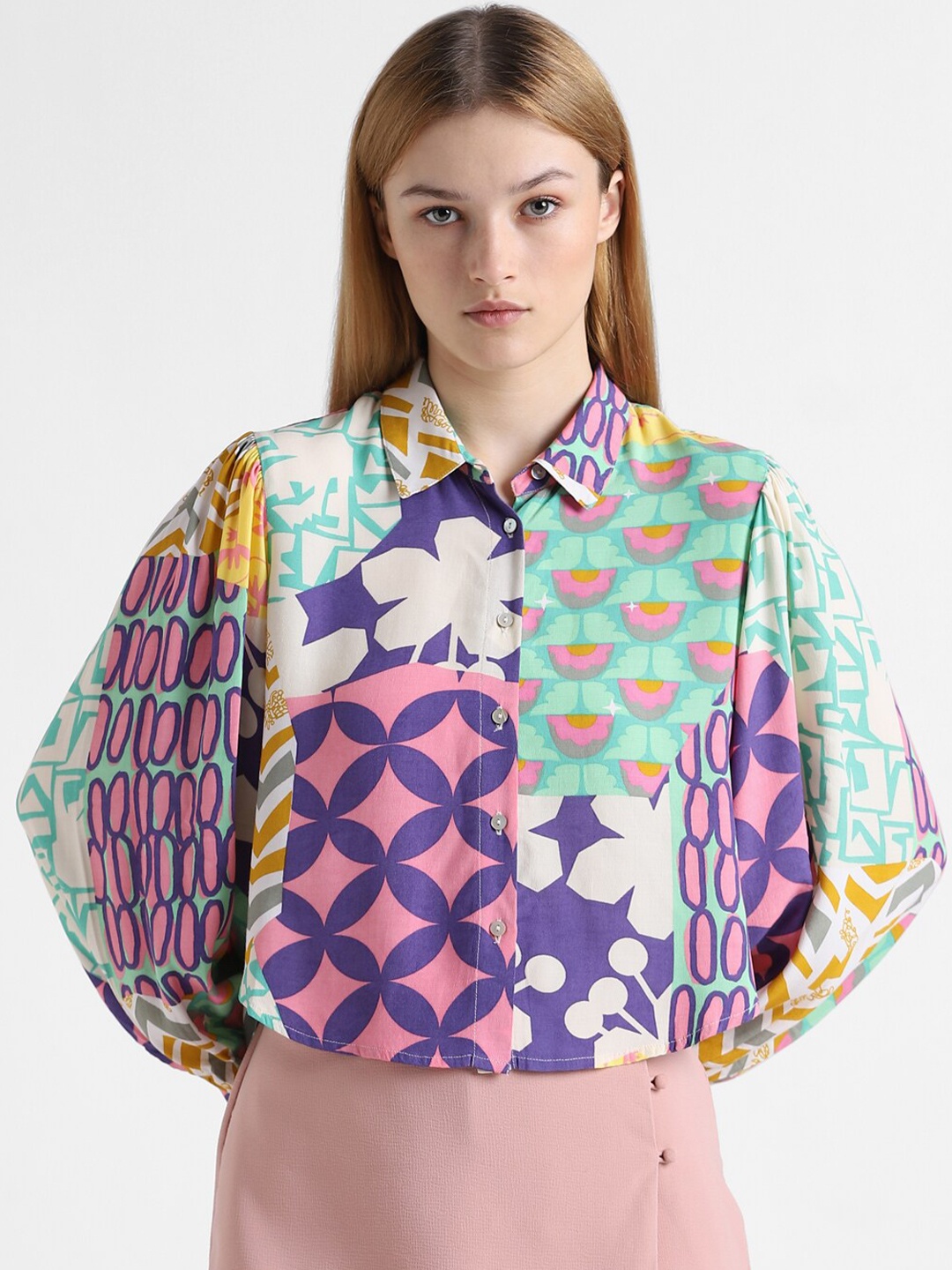 

ONLY Onlvision Geo LS Floral Printed Puff Sleeves Spread Collar Casual Shirt, Pink