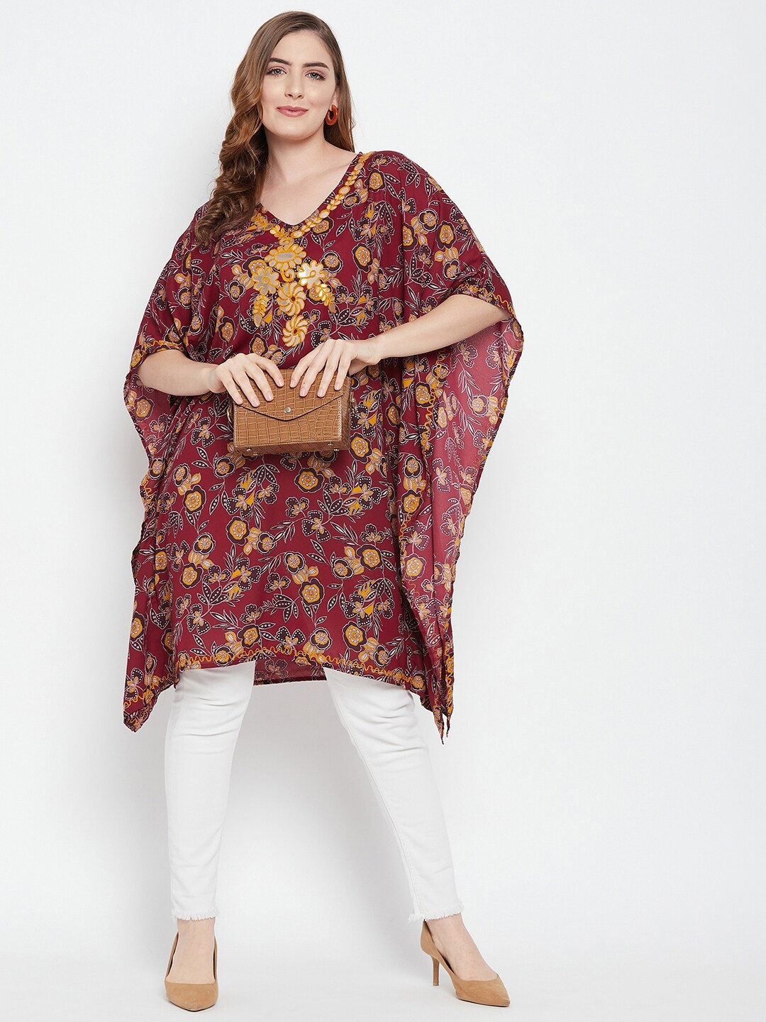 BAESD Floral Printed V-Neck Kimono Sleeve Kaftan Top, Maroon