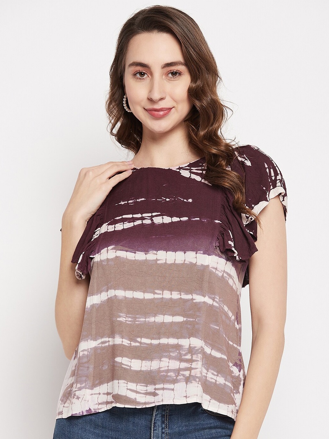 

BAESD Abstract Printed Flutter Sleeves Regular Top, Purple