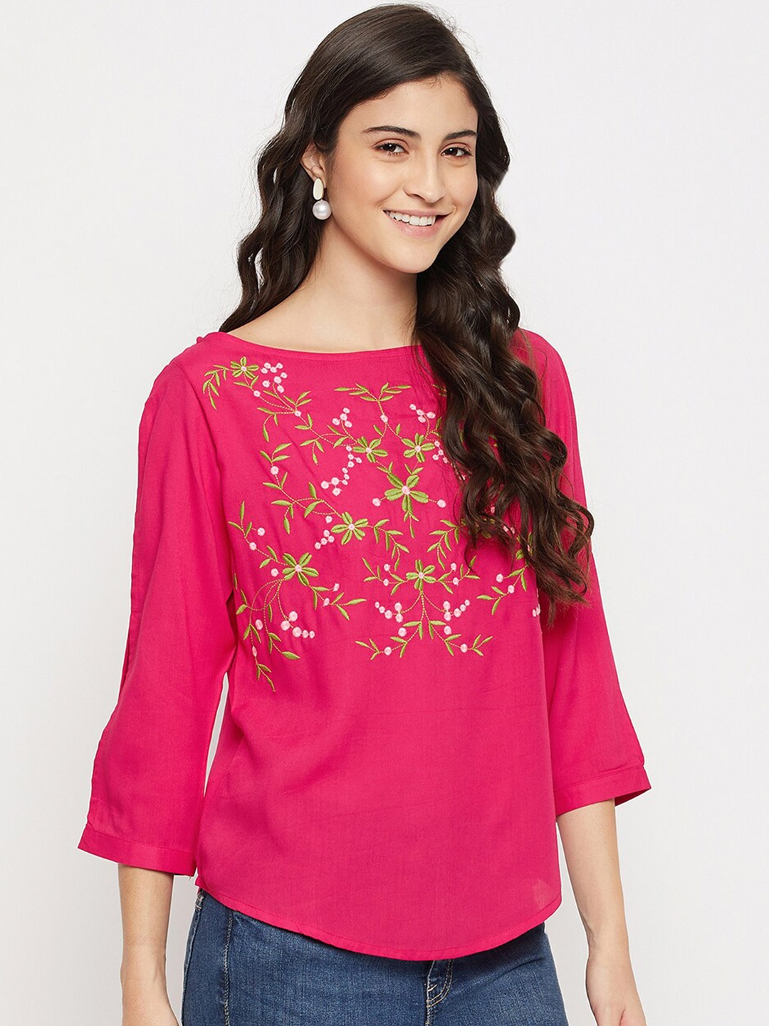 

BAESD Floral Embroidered Slit Sleeves Regular Top, Fuchsia