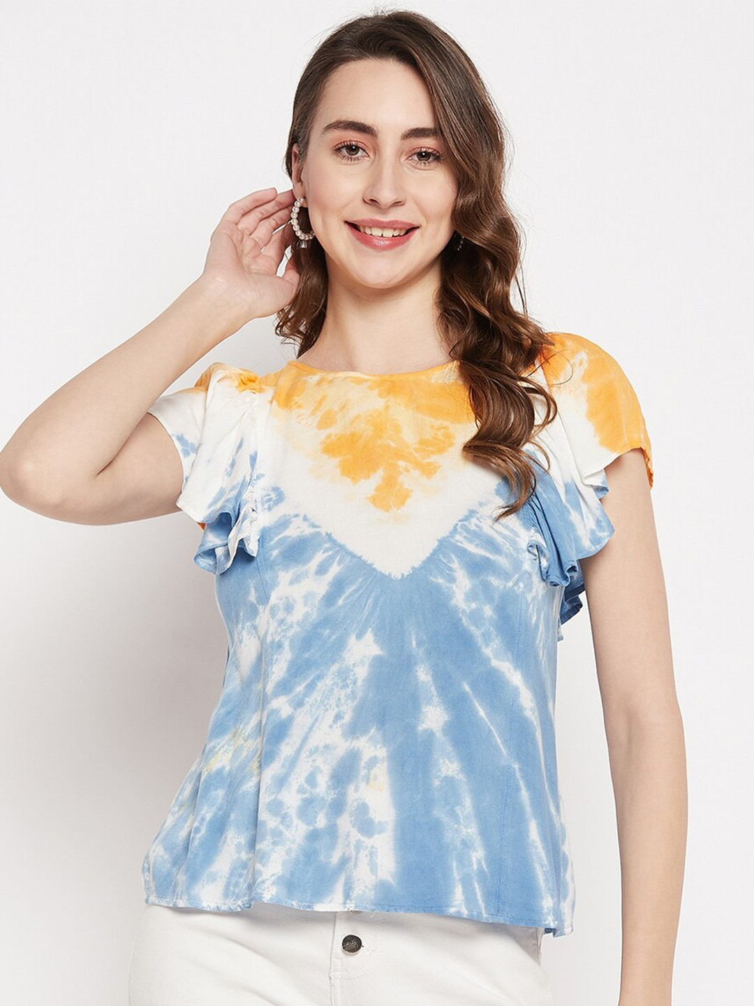 

BAESD Blue Tie and DyeD Flutter SleeveS Top
