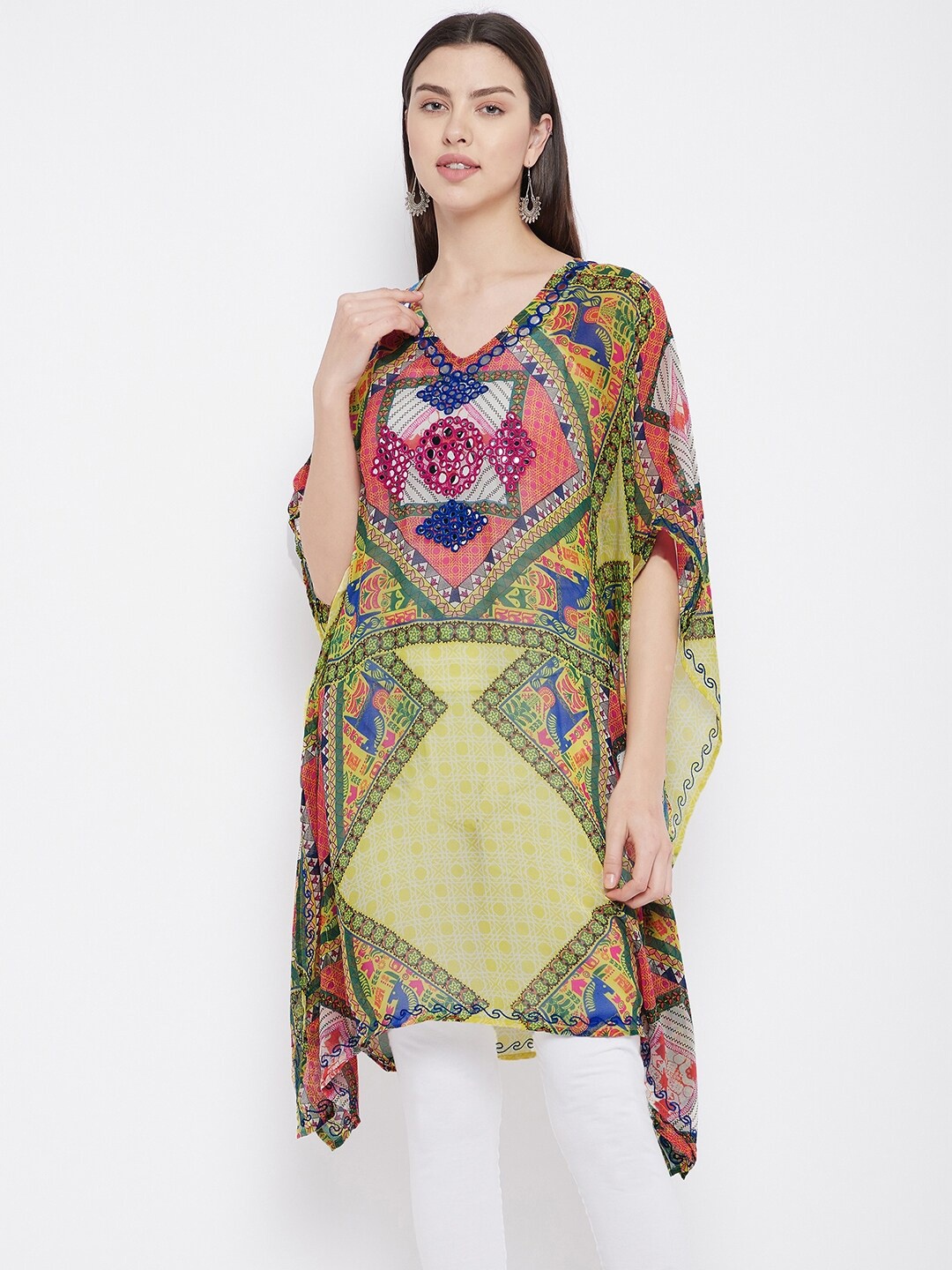 

BAESD Ethnic Motifs Printed Mirror Work Georgette Kaftan Kurta, Yellow