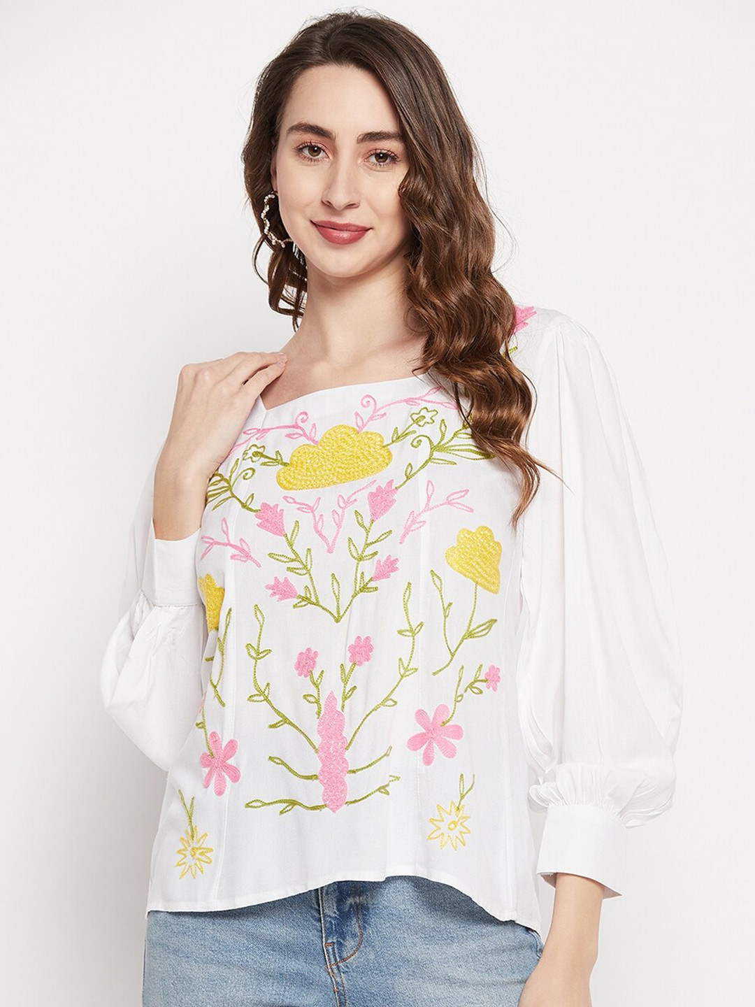 

BAESD Floral Embroidered Square Neck Cuffed Sleeves Top, White