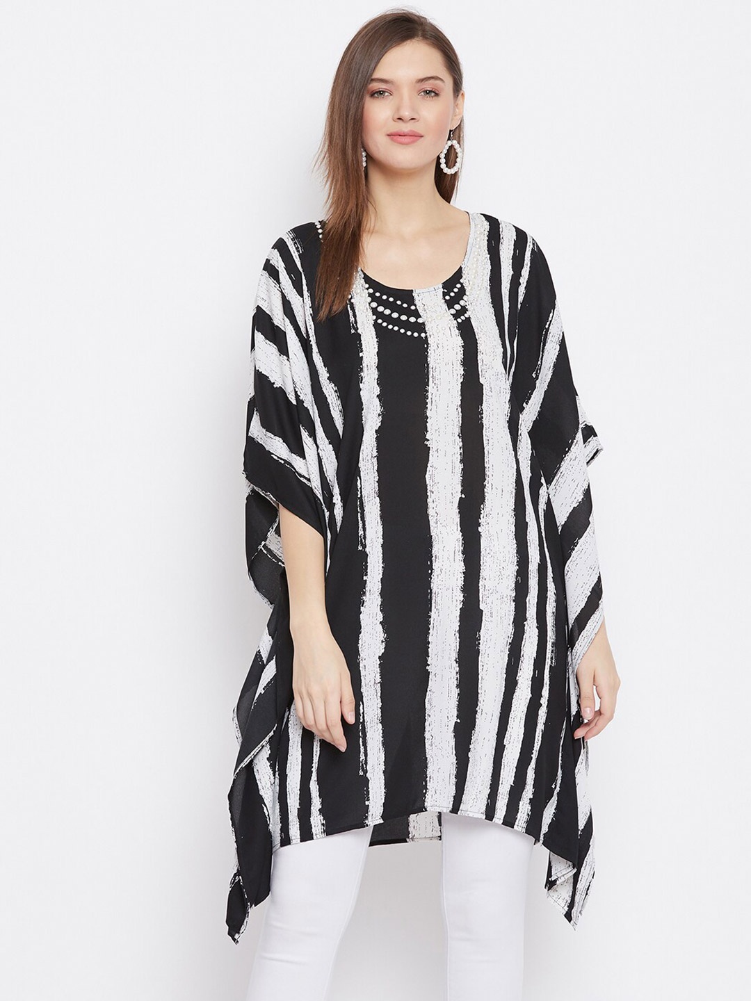 

BAESD White Striped Georgette Kaftan Tunic