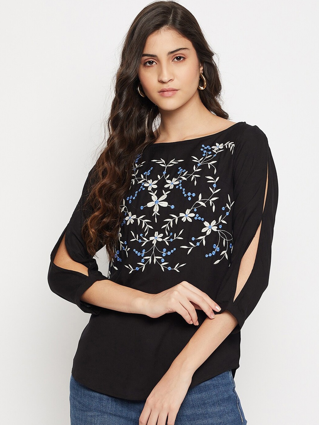 

BAESD Floral Printed Cuffed Sleeves Top, Black