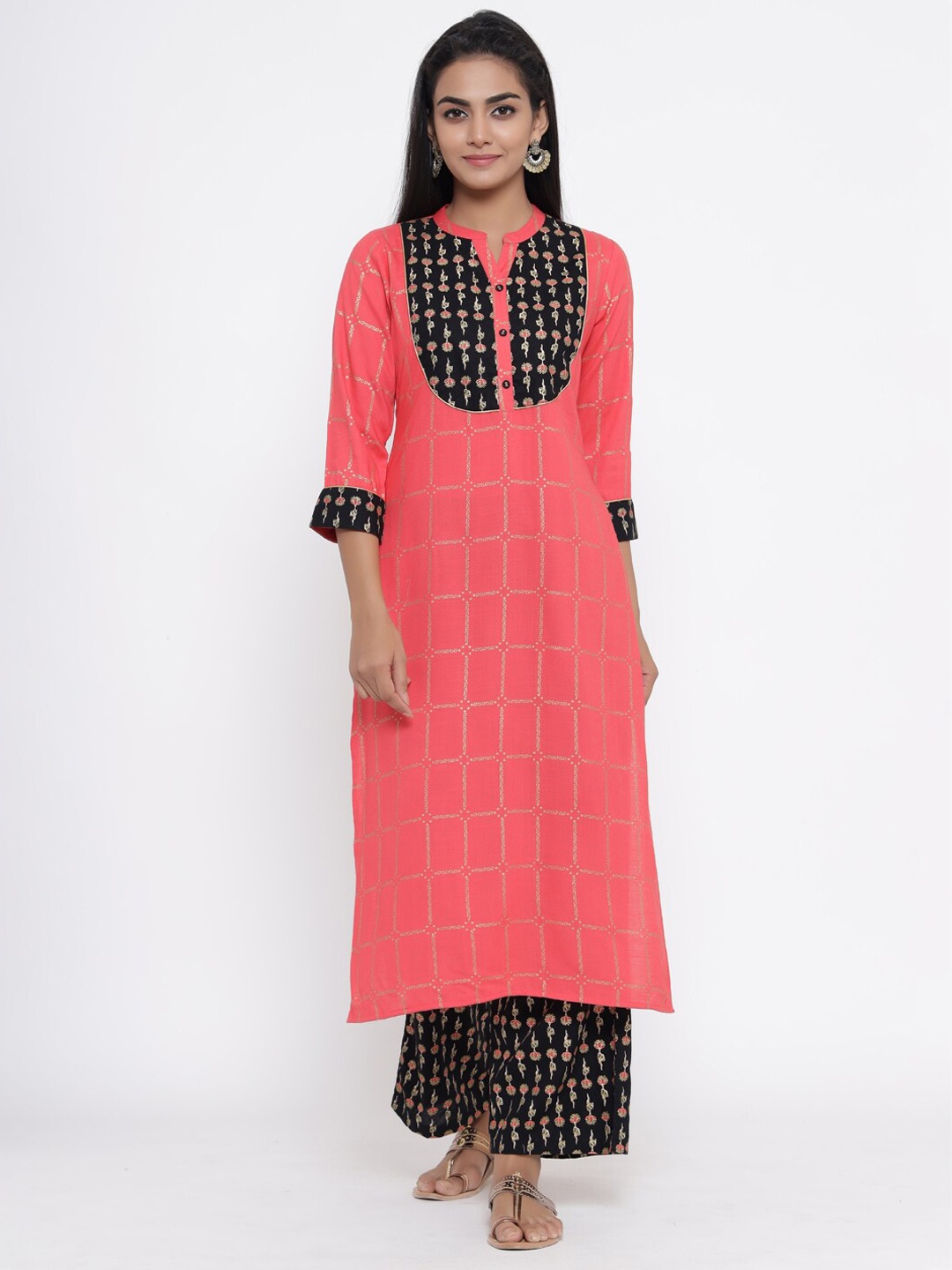 

RANGMAYEE Ethnic Motifs Printed Mandarin Collar Gotta Patti Regular Kurta With Palazzos, Pink