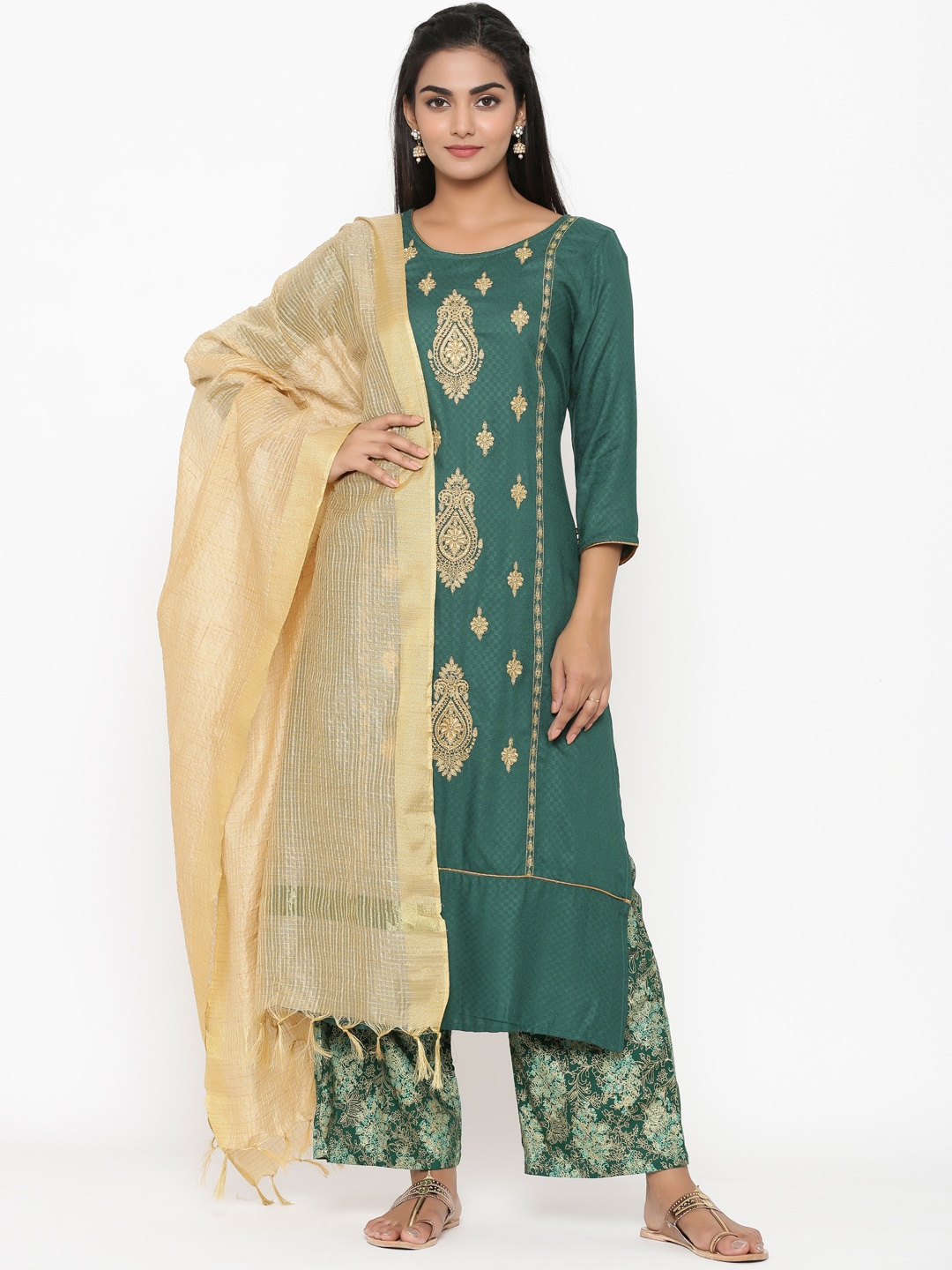 

RANGMAYEE Ethnic Motifs Embroidered Regular Thread Work Kurta With Palazzos & Dupatta, Green