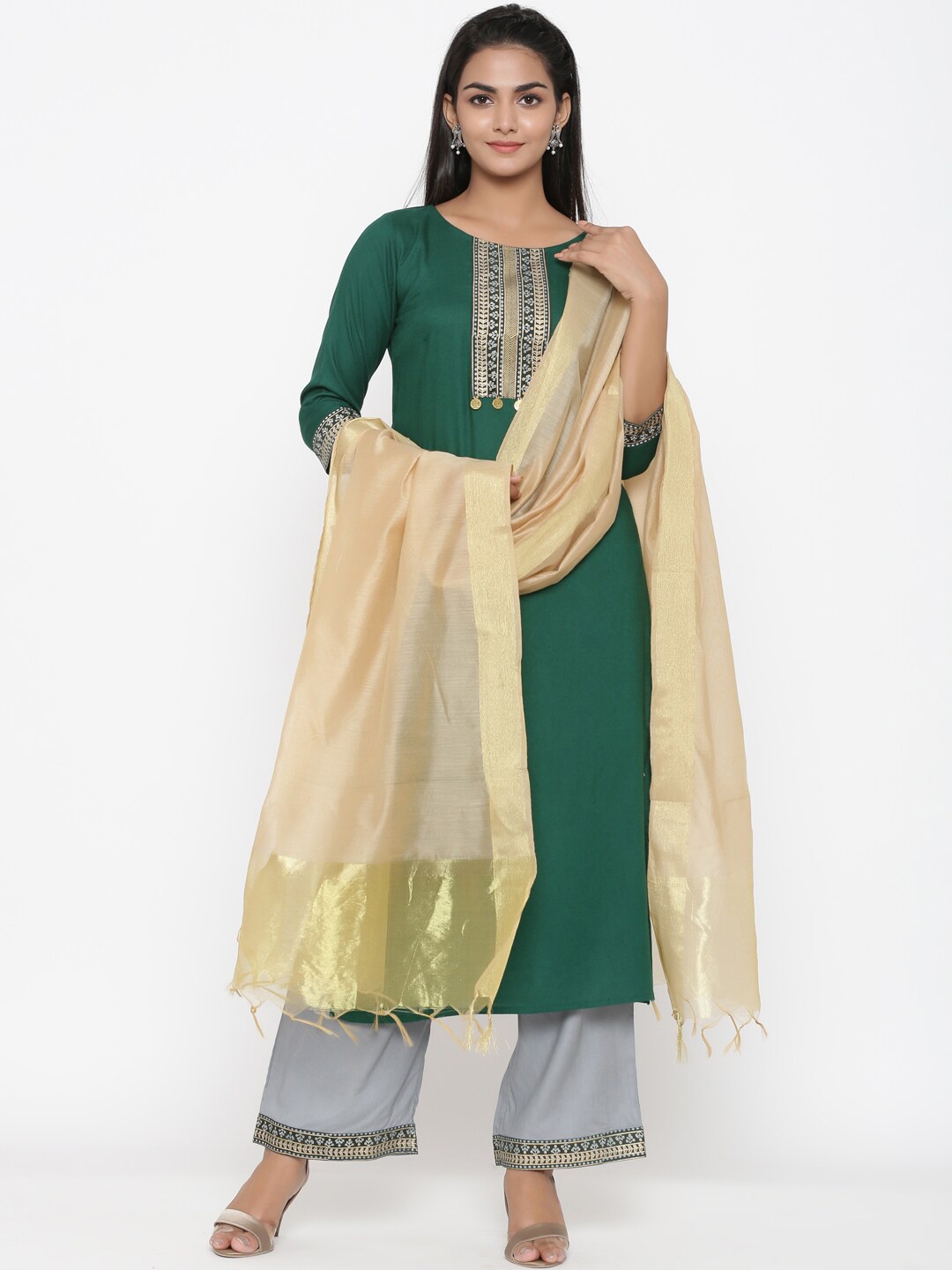 

RANGMAYEE Ethnic Motifs Yoke Design Regular Kurta With Palazzos & Dupatta, Green